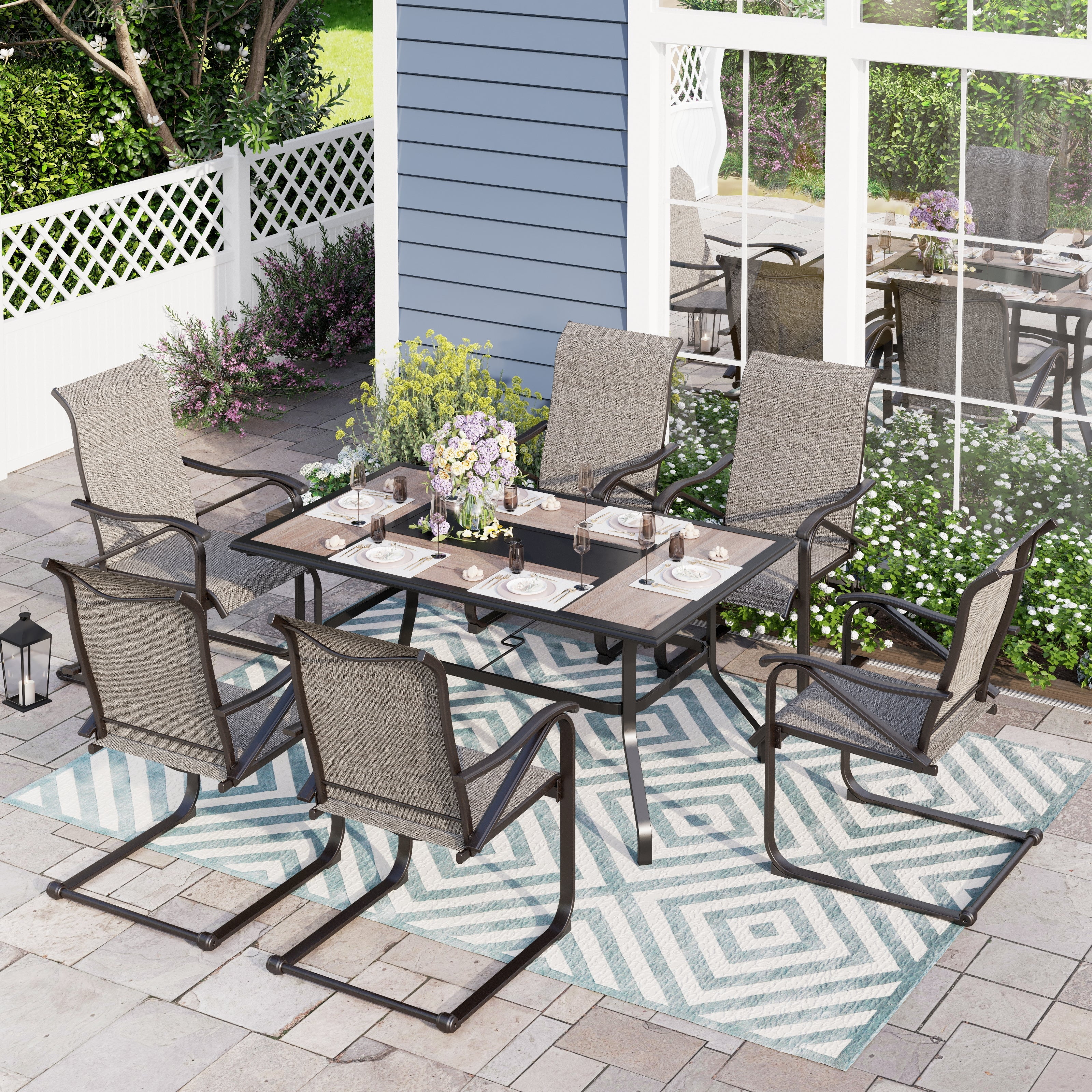 Sophia & William 7 Pieces Patio Dining Set with Rectangular Wood Like Table & C-spring Motion Chairs for 6-person