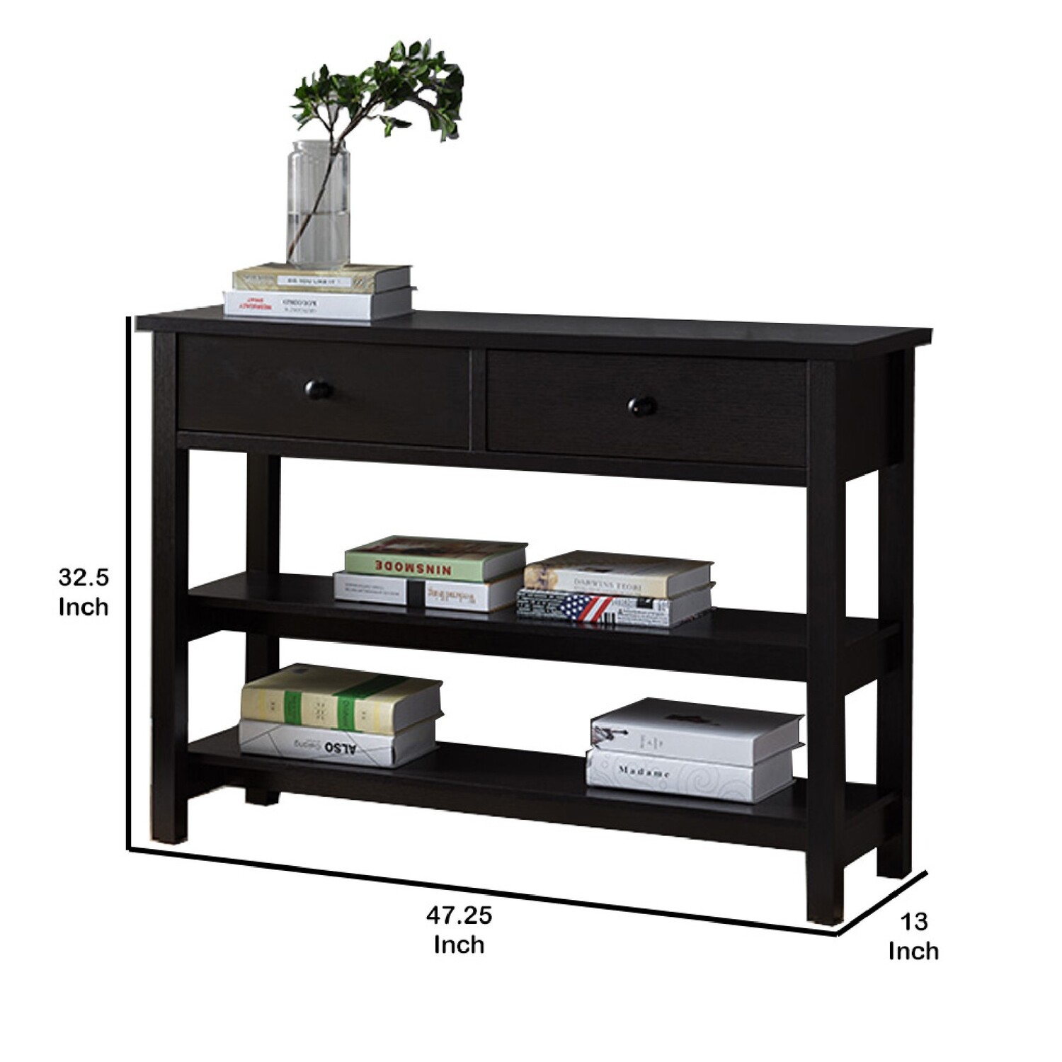 Benjara Two Drawer Console Table with Two Open Shelves and Block Legs, Dark Brown