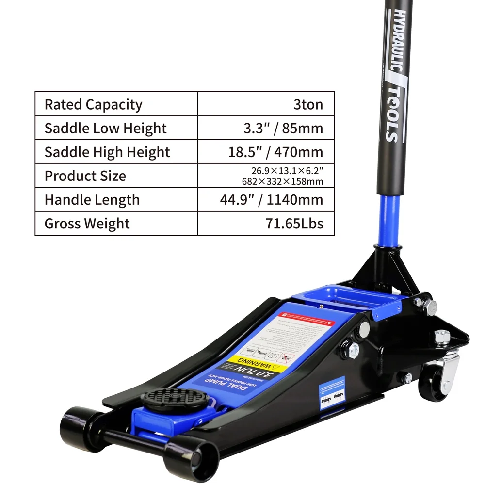 Yone jx je Hydraulic Low Profile and Steel Racing Floor Jack 3 Ton (6600 lb) Capacity, with Dual Piston Quick Lift Pump, Blue Lifting range 3.3
