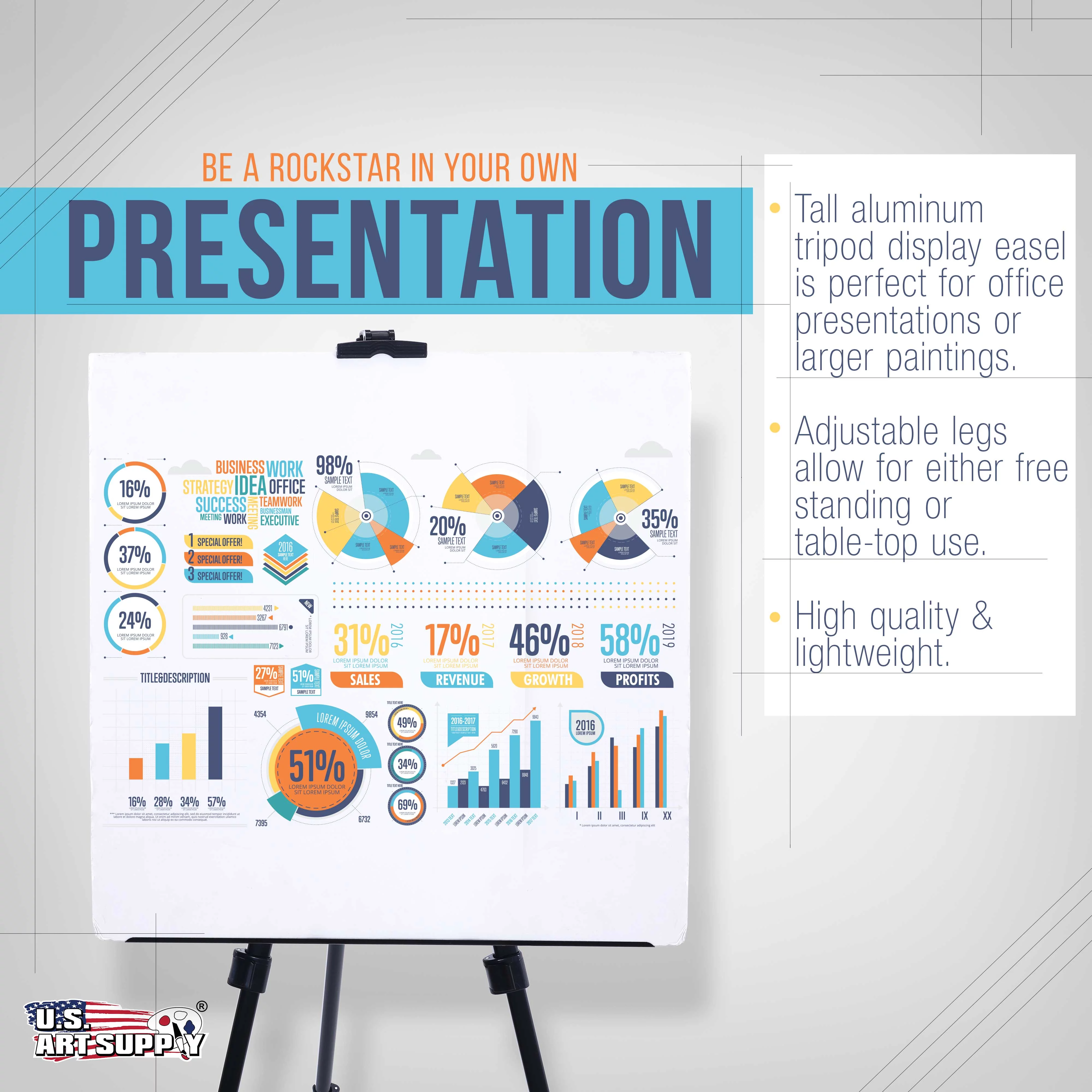 U.S. Art Supply - Pack of 10 - 66 Inch Sturdy Black Aluminum Tripod Artist Field and Display Easel Stand - Adjustable Height 20