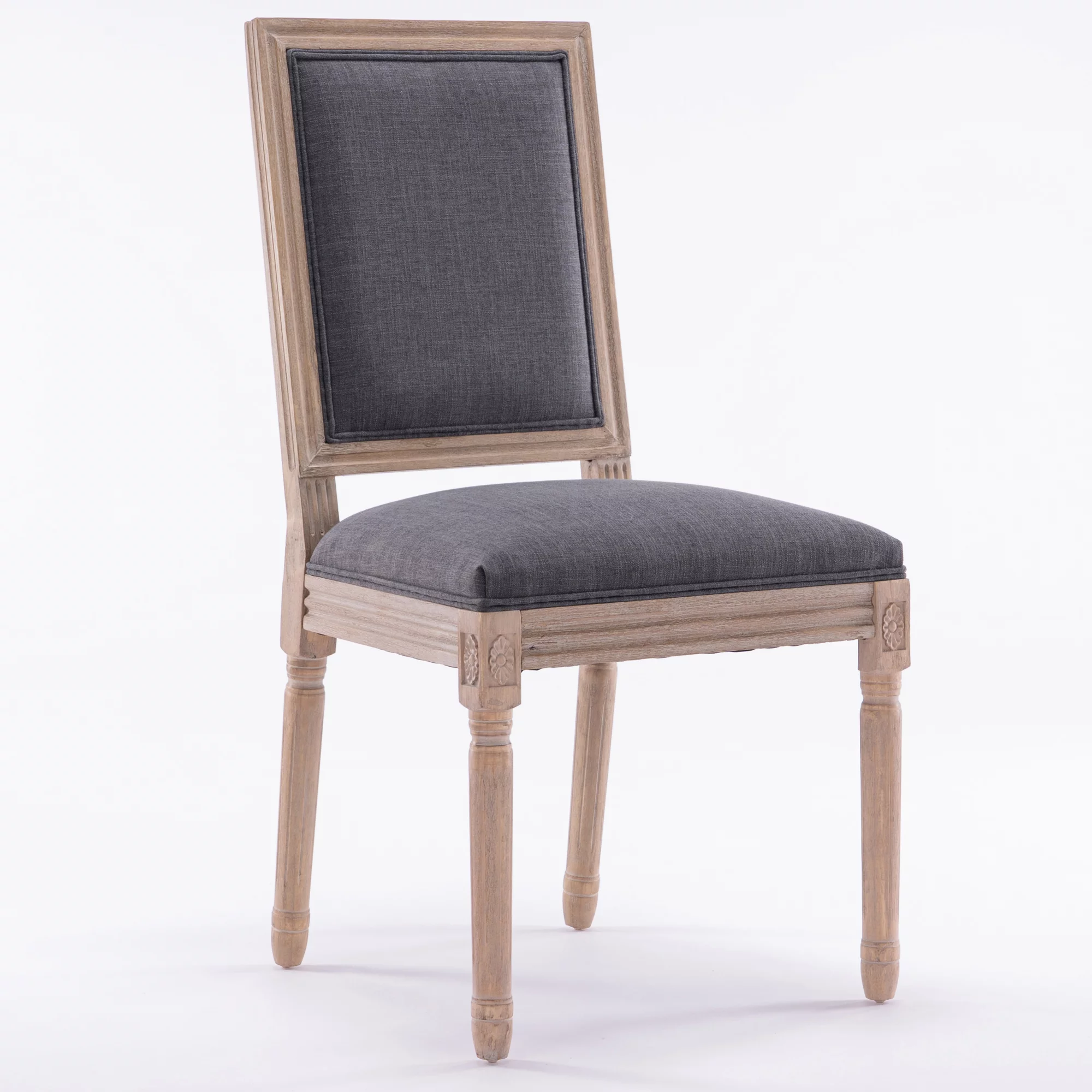 French Style Solid Wood Frame Antique Painting Linen Fabric Square Back Dining Chair,Set of 2,grey