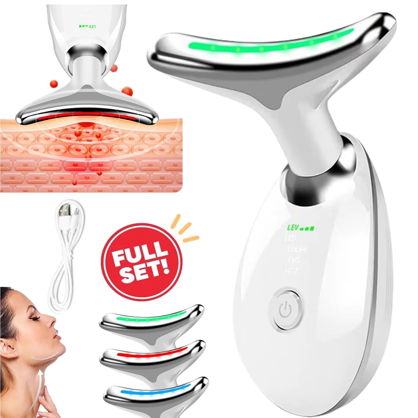 Micro-Glow Facial, 3 Color Led Face Neck Massager, USB Rechargeable Guasha Tool for Face for Skin Care Routine at Home(White)
