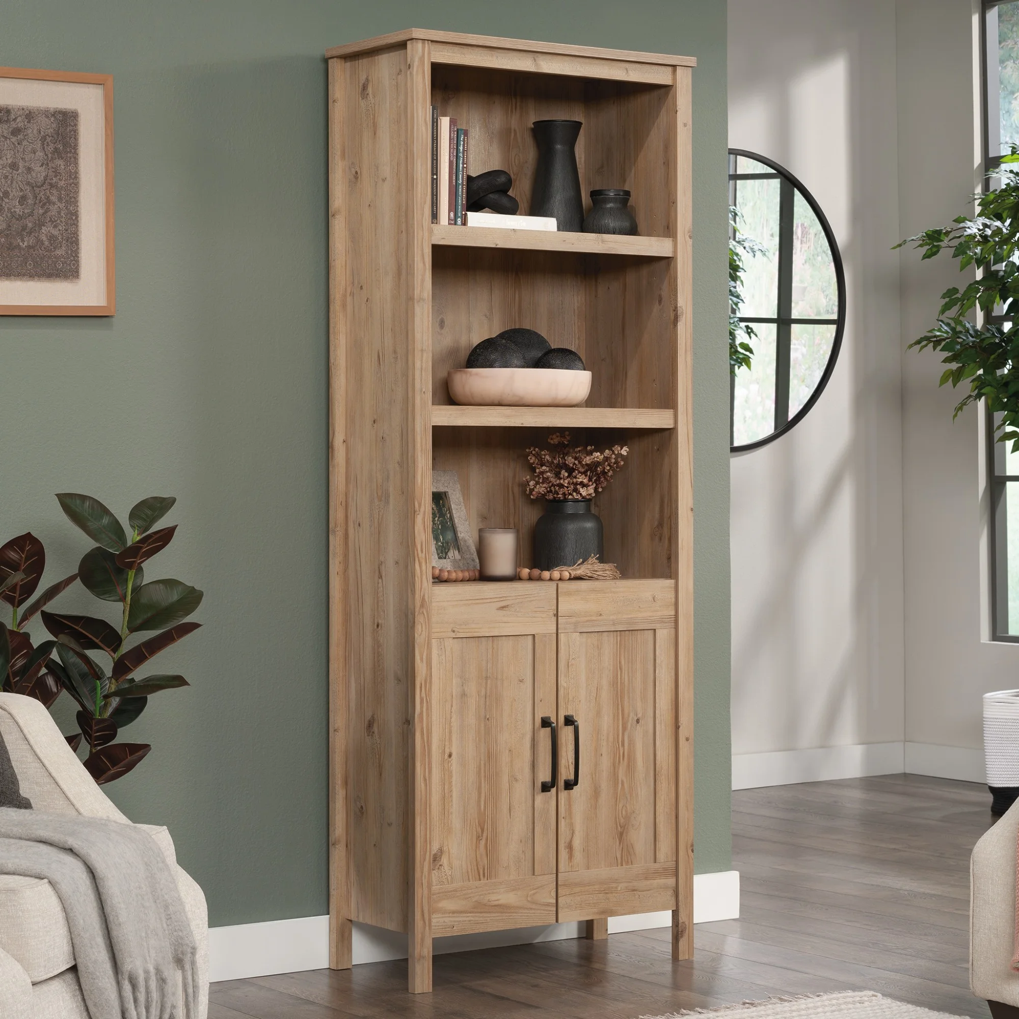 Sauder Select Engineered Wood Bookcase with Doors in Khaki Pine Finish