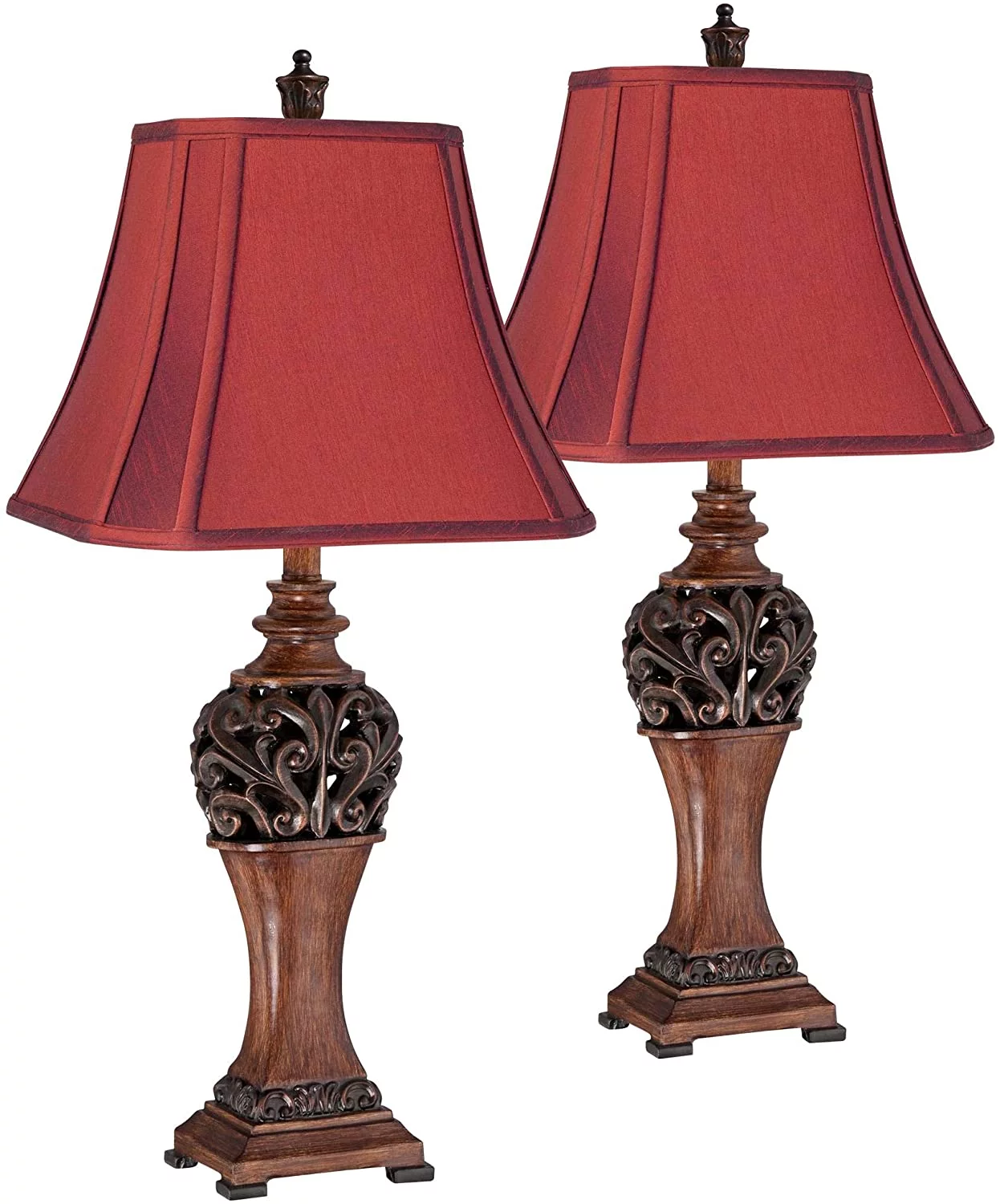 TJUNBOLIFE Exeter 30" Tall Large Traditional End Table Lamps  Brown Wood Finish Fabric Crimson Red Shade Living Room Bedroom Bedside Nightstand House Office Home Reading Kitchen Entry