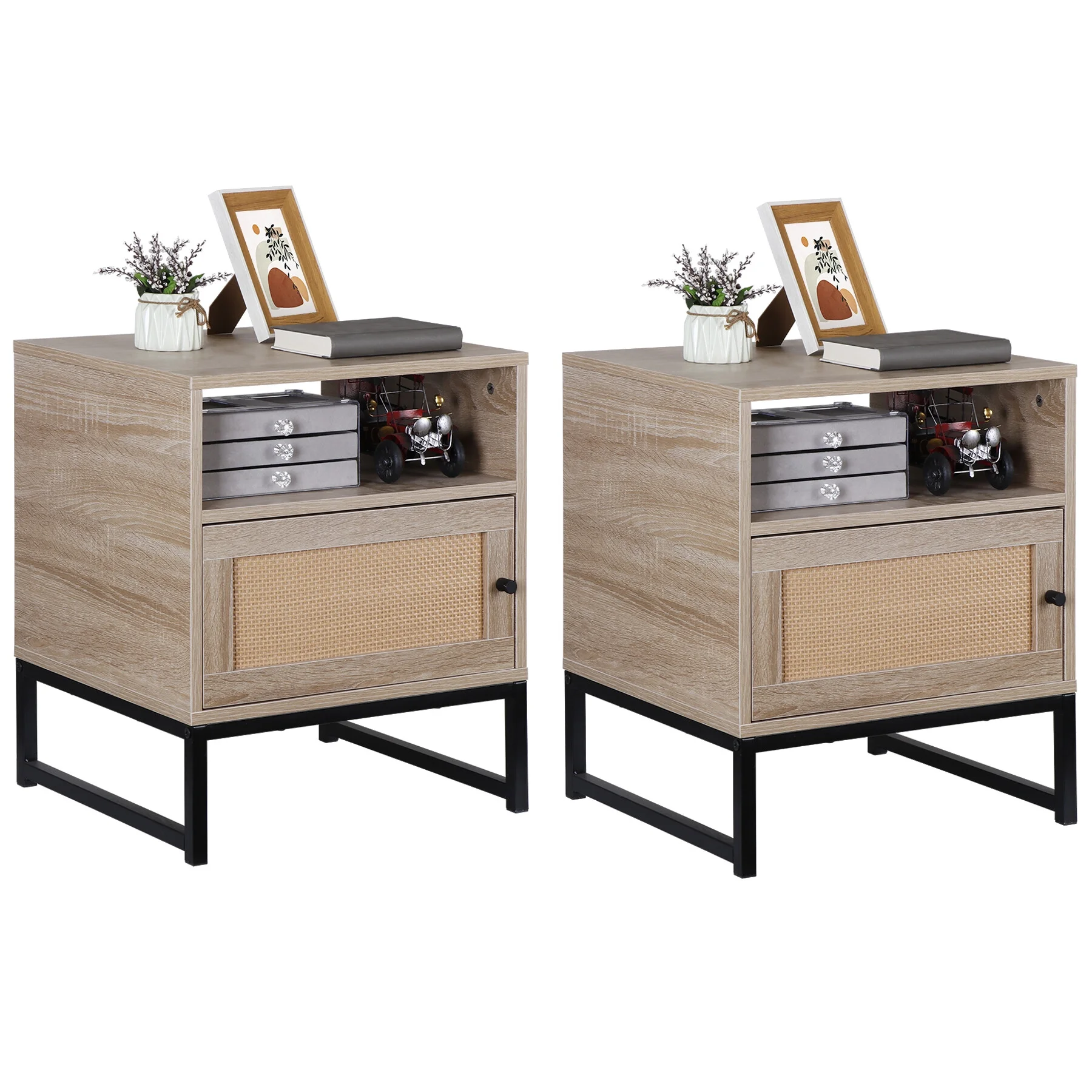 ZENSTYLE 2 Pcs Rattan End Table Side Table with Drawer Nightstand for Living Room