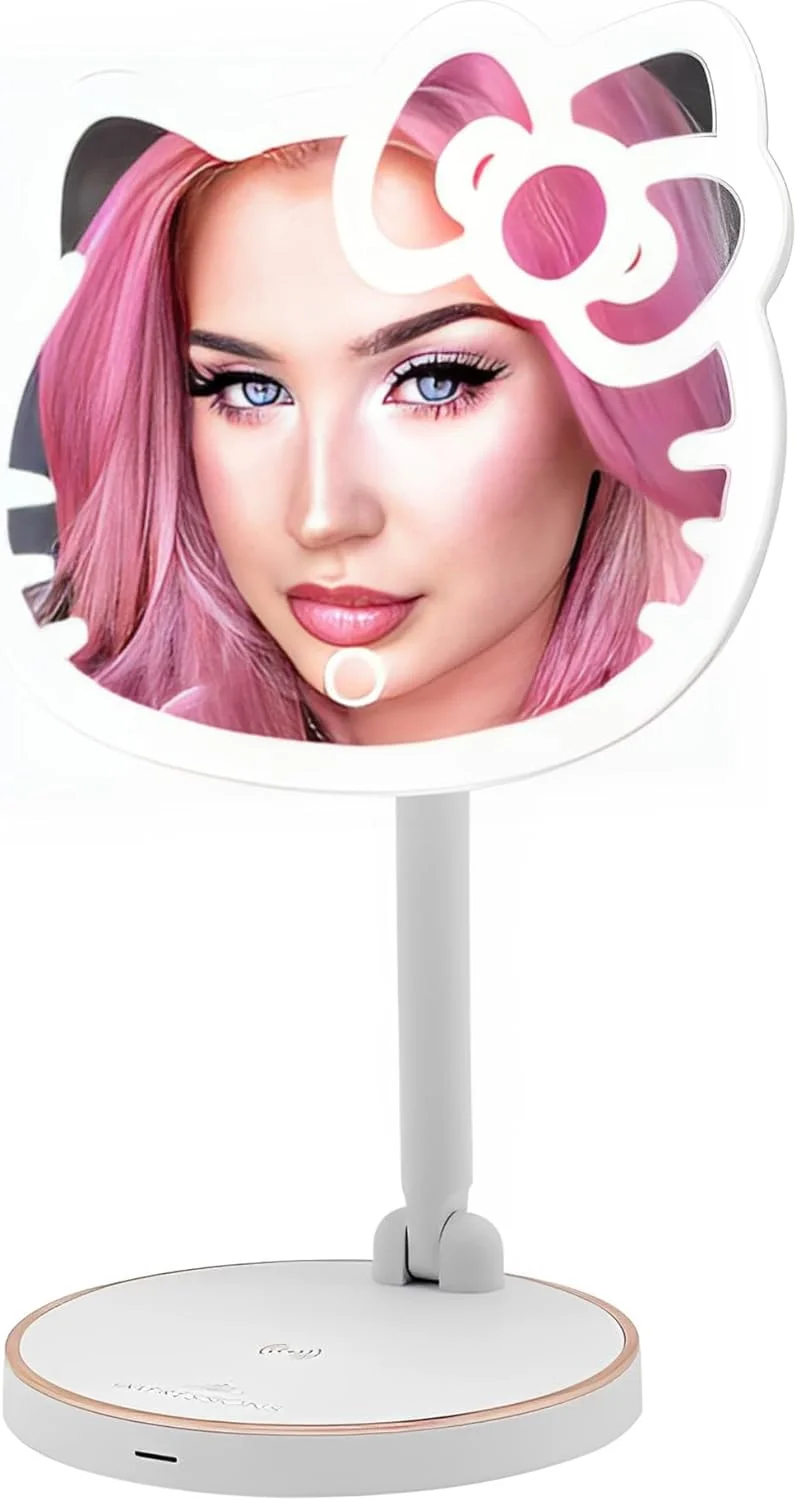 Impressions Vanity Hello Kitty Tabletop Mount LED Rechargeable Makeup Mirror with 360 Degree Rotation, Touch Sensor Desk Mirror with Light Strip and Adjustable Brightness