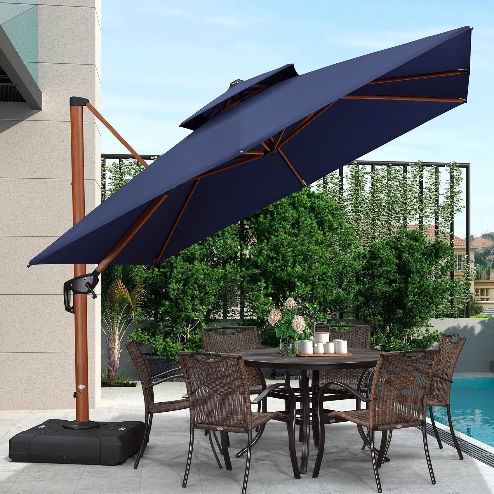 PURPLE LEAF  10 ft Square Wood Pattern Patio Cantilever Umbrella with Base Beige