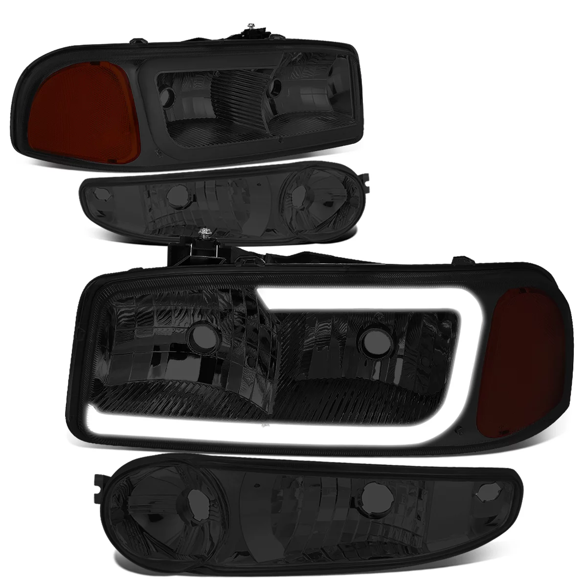 DNA Motoring HL-LB2-DAN99-SM-AM For 2000 to 2006 GMC Yukon XL Sierra Denali Model 3D LED DRL Headlight+Turn Signal Bumper Lamps Smoked Lens Amber Corner 01 02 03 04 05