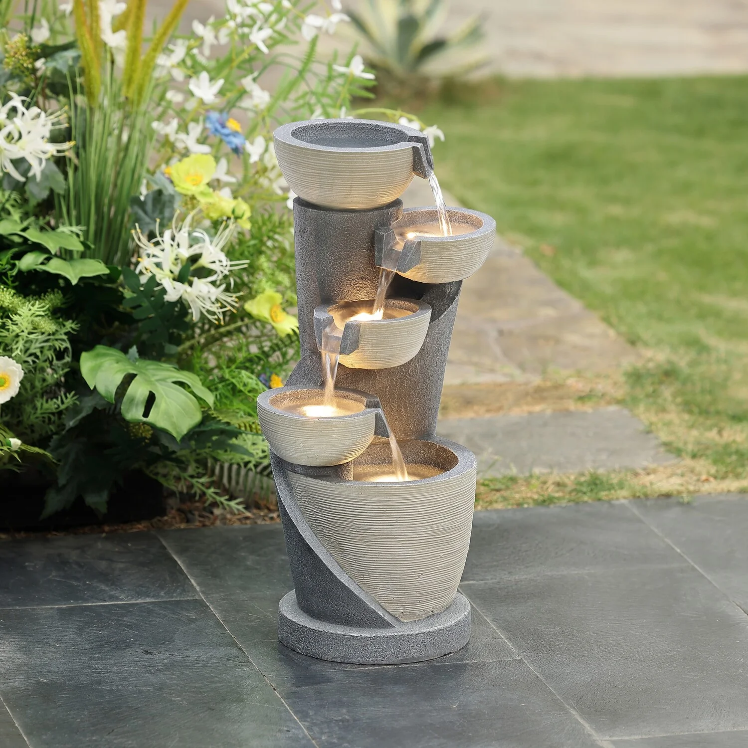 LuxenHome Gray Cascading Bowls and Column Resin Outdoor Fountain with Lights