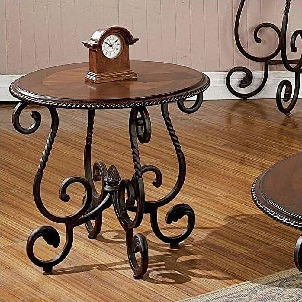 TJUNBOLIFE Traditional Style Round Wood End Table  Metal Base with Solid Wood Top  Cherry Finish