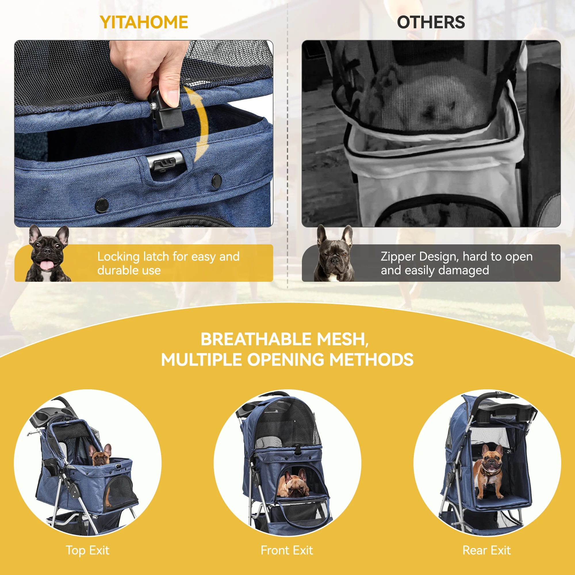 Dextrus 4 Wheel Foldable Dog Stroller with Storage Basket, Pet Stroller with 360? Rotation Wheel, for Small Medium Dogs & Cats,Navy Blue