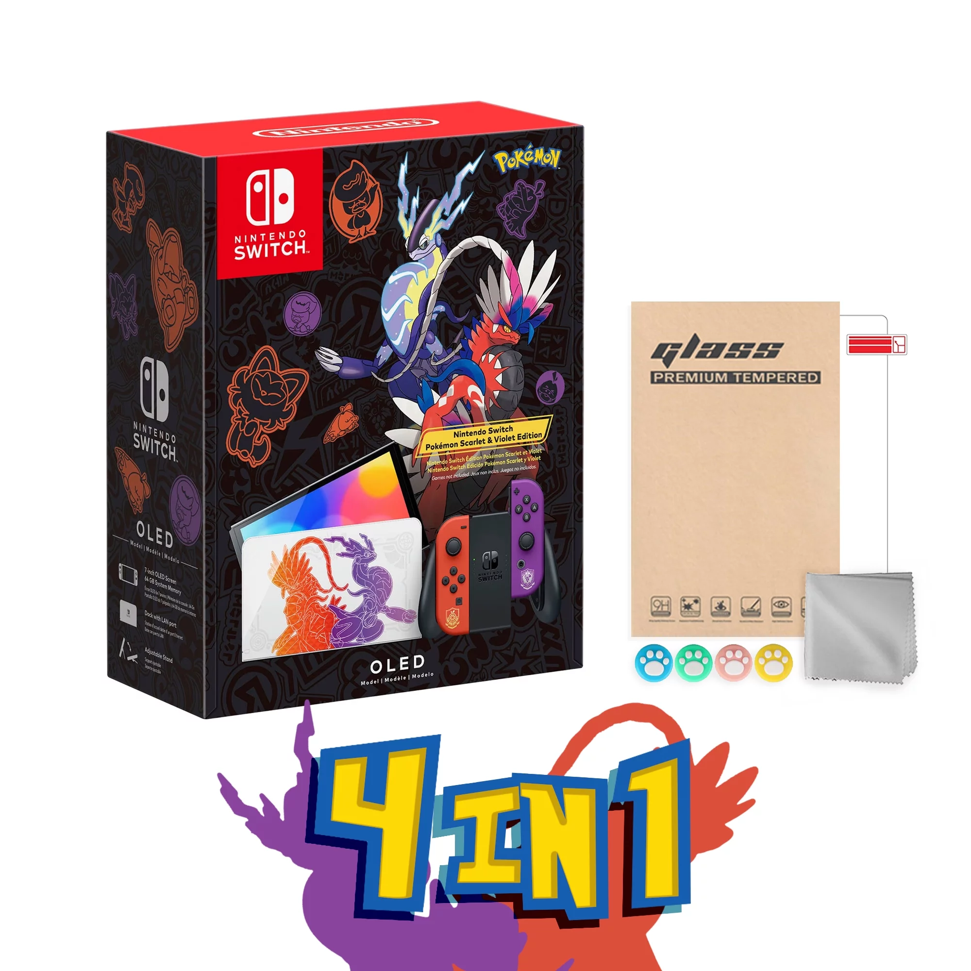 2022 Nintendo Switch OLED Model Pokemon Scarlet & Violet Limited Special Edition 4 in 1 Bundle, Pokemon Illustrations 64GB Console & Joy-Con, Koraidon & Miraidon Glossy White Dock & Mytrix Accessories