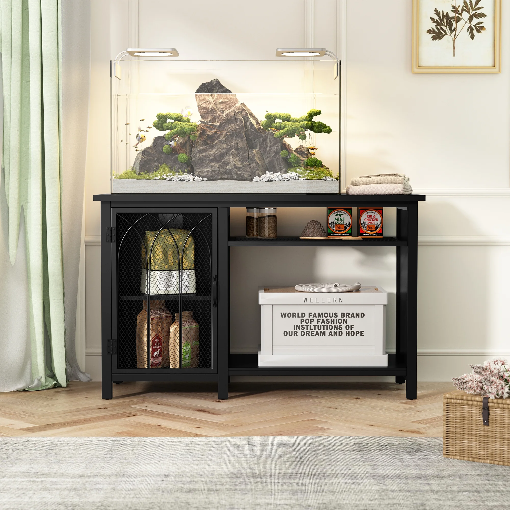 HLR 55-75 Gallon Fish Tank Stand, Heavy Duty Aquarium Stand with Mental Door for Fish Tank Accessories Storage, 850lbs Capacity，Black