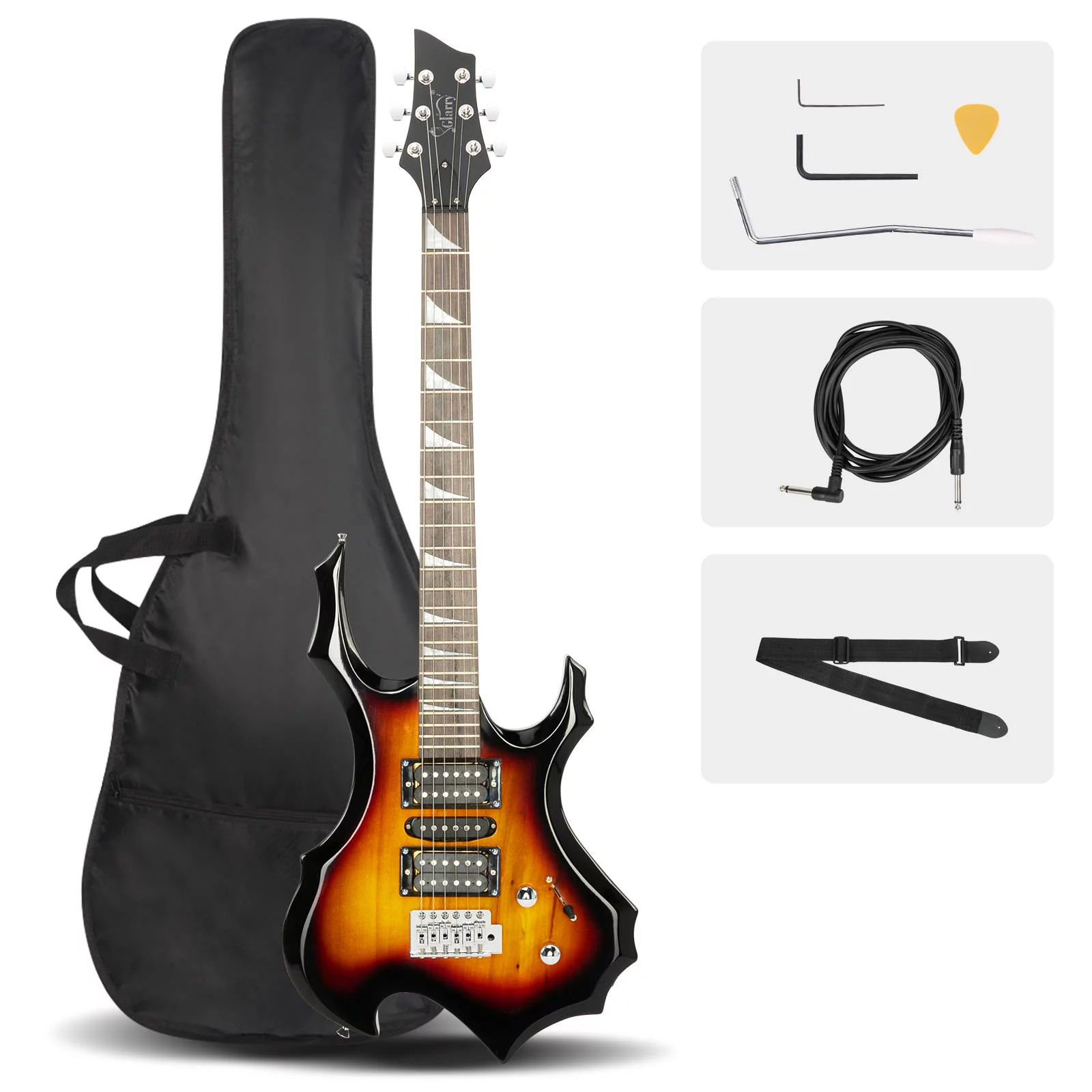 Glarry Burning Fire Style Beginner Electric Guitar with Bag Pick Strap & Accessories