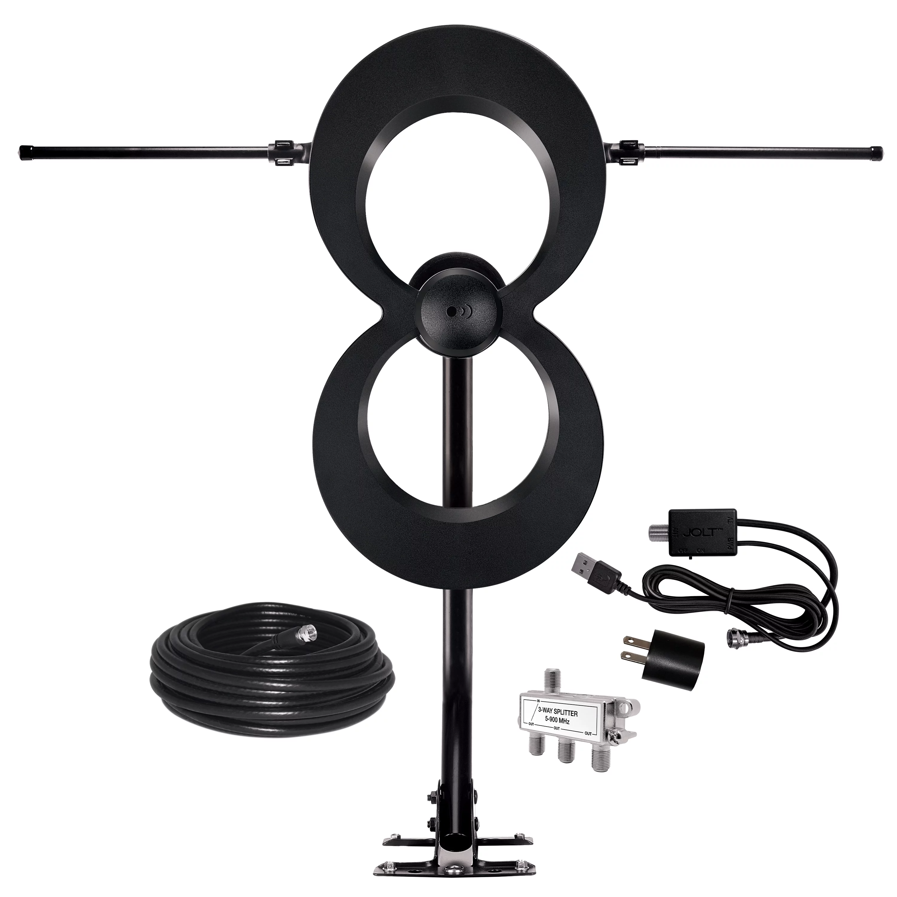 ClearStream MAX-XR COMPLETE HDTV Antenna, Jolt Switch Amplifier, 20” Mast, 30’ Coaxial Cable, Splitter