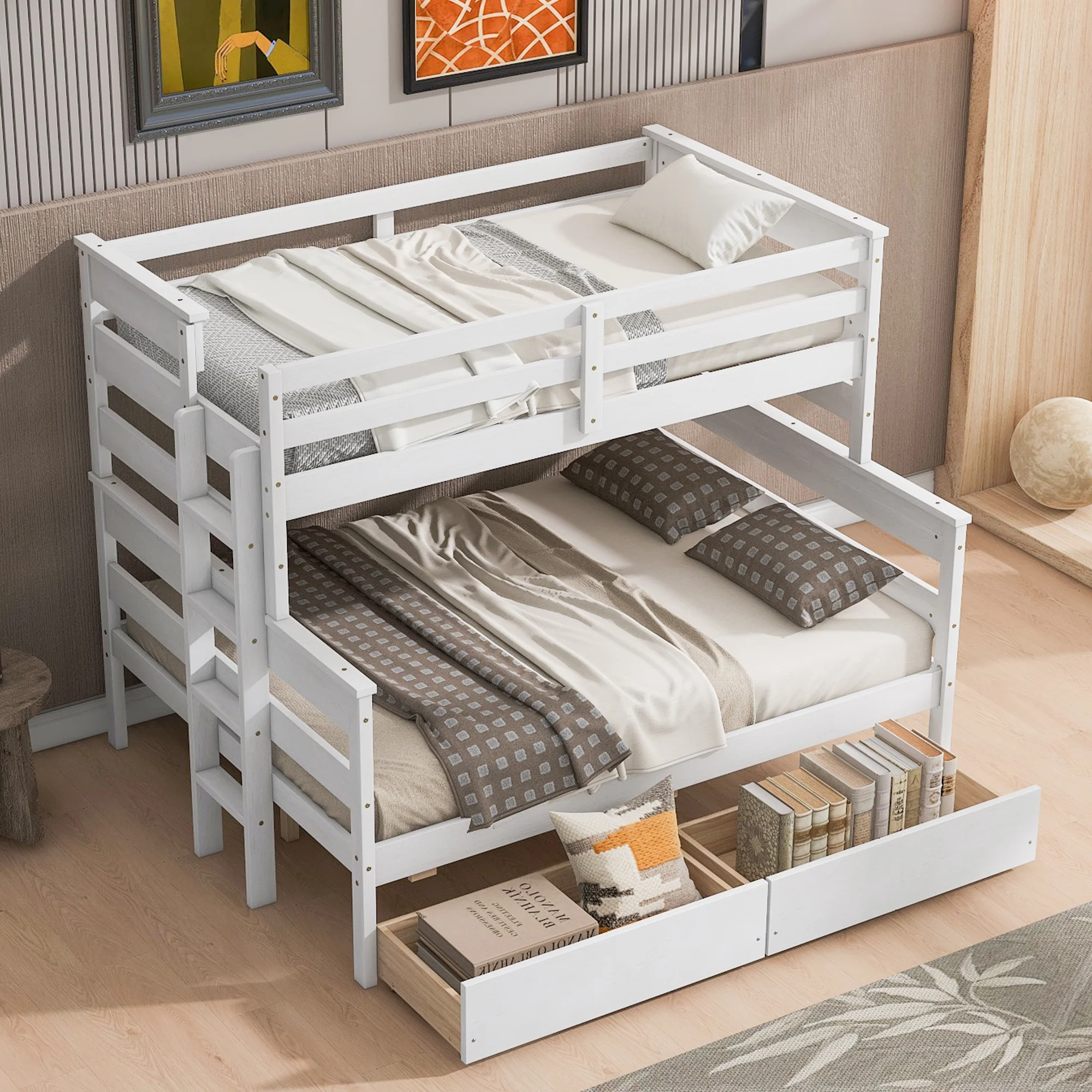 CoSoTower Wood Twin Over Full Bunk Bed with 2 Drawers, White