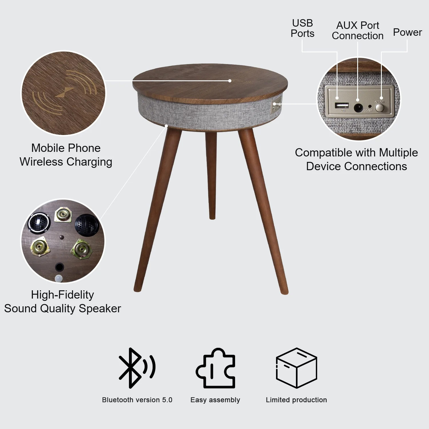 SCUQI  Smart  Music Coffee Table，23.6 inches Round Smart End Table, Bluetooth Side Table with USB Port and outlet , and Brown Wireless Charging Table