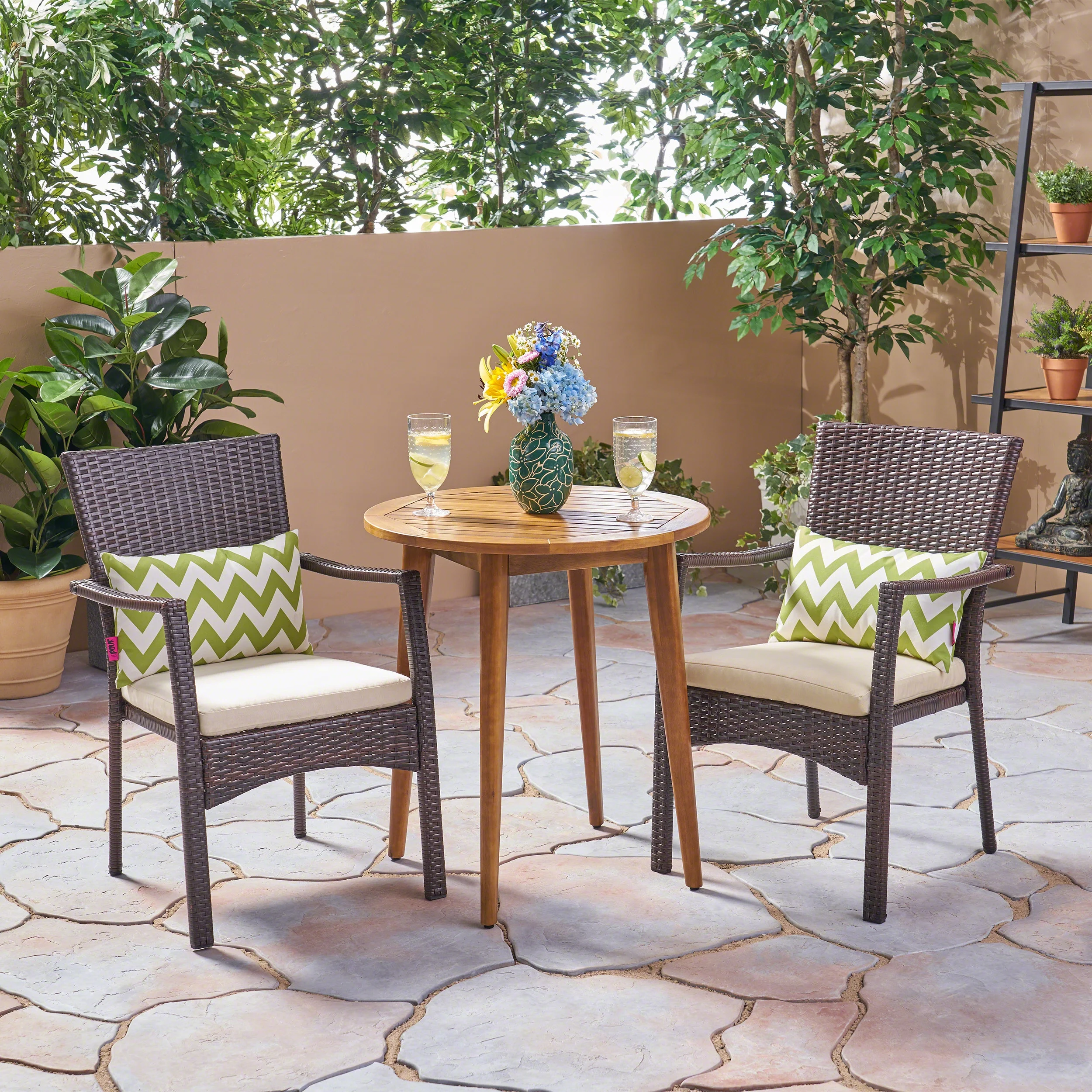 Ethan Outdoor 3 Piece Acacia Wood and Wicker Bistro Set with Cushions, Teak, Brown, Crème