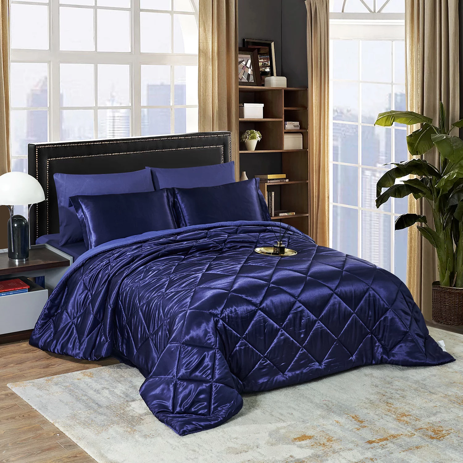 JML 8 Piece Silky Satin Comforter Set, Bedding Bed in a Bag,Navy,Cal King