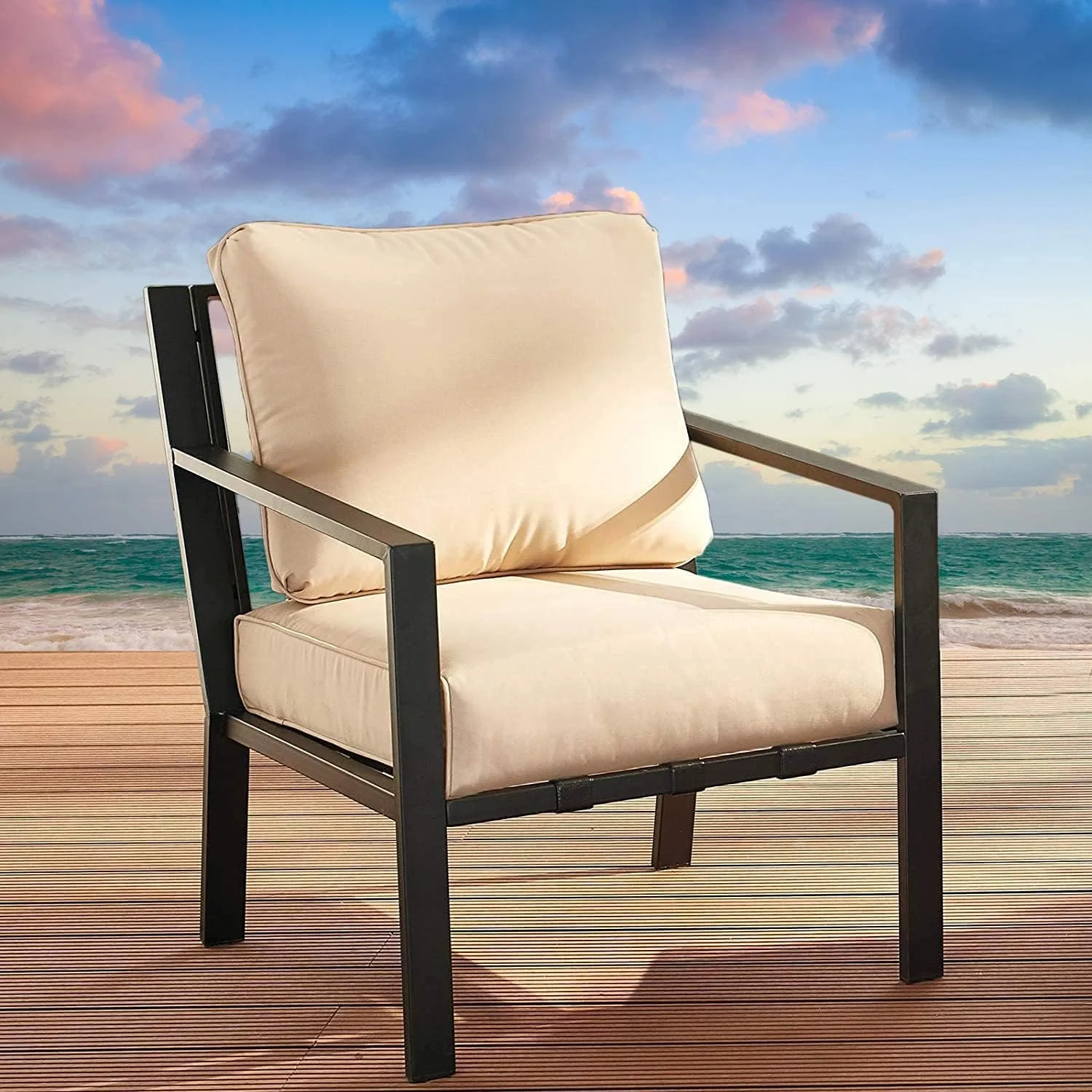 Patio Dining Chair Modern Outdoor Single Sofa Metal Armchair Bistro Cushioned Furniture For Porch, Deck, Garden, Poolside, Beige