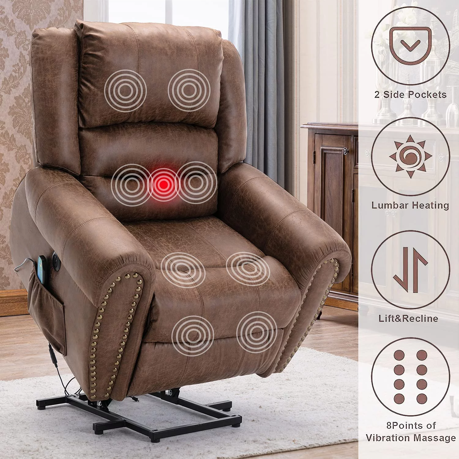 Simore Large Power Lift Recliner Chairs with Massage and Heat, Faux Leather Electric Lift Chairs for Elderly, Nut Brown