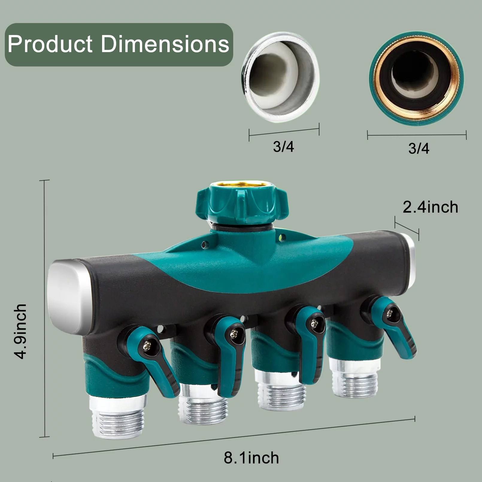 HXXF 4 Way Hose Splitter, Premium Garden Hoses Connector, 4 Way Heavy Duty Water Valve for Spigot Faucet Bib, Four Outlet with On Off Valve, Rust-Resistant Adapter, Zero Leaks, Green