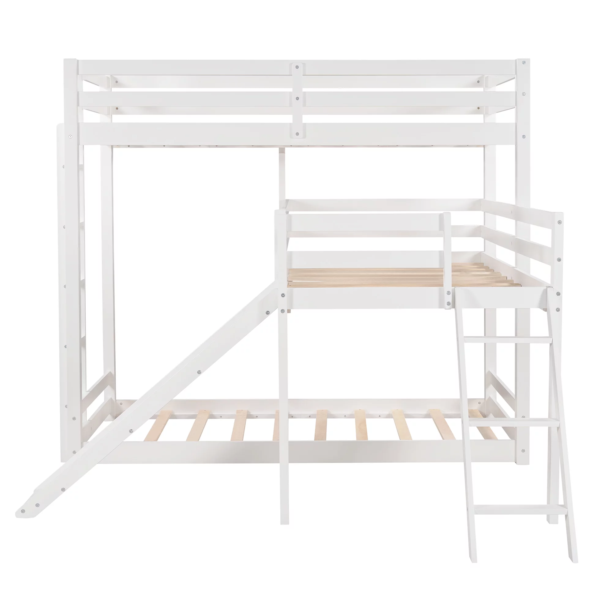 Euroco L-Shaped Twin Over Twin Over Twin Bunk Bed, Triple Bed with Slide & 2 Ladders, White