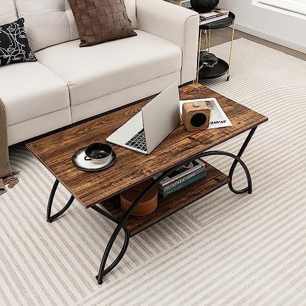 MQLIFEBOOM 2-Tier Rectangular Coffee Table  Wood Grain Table with Open    Black Finished Metal Frame  Industrial Center Table for Living Room  Reception Room (Coffee)