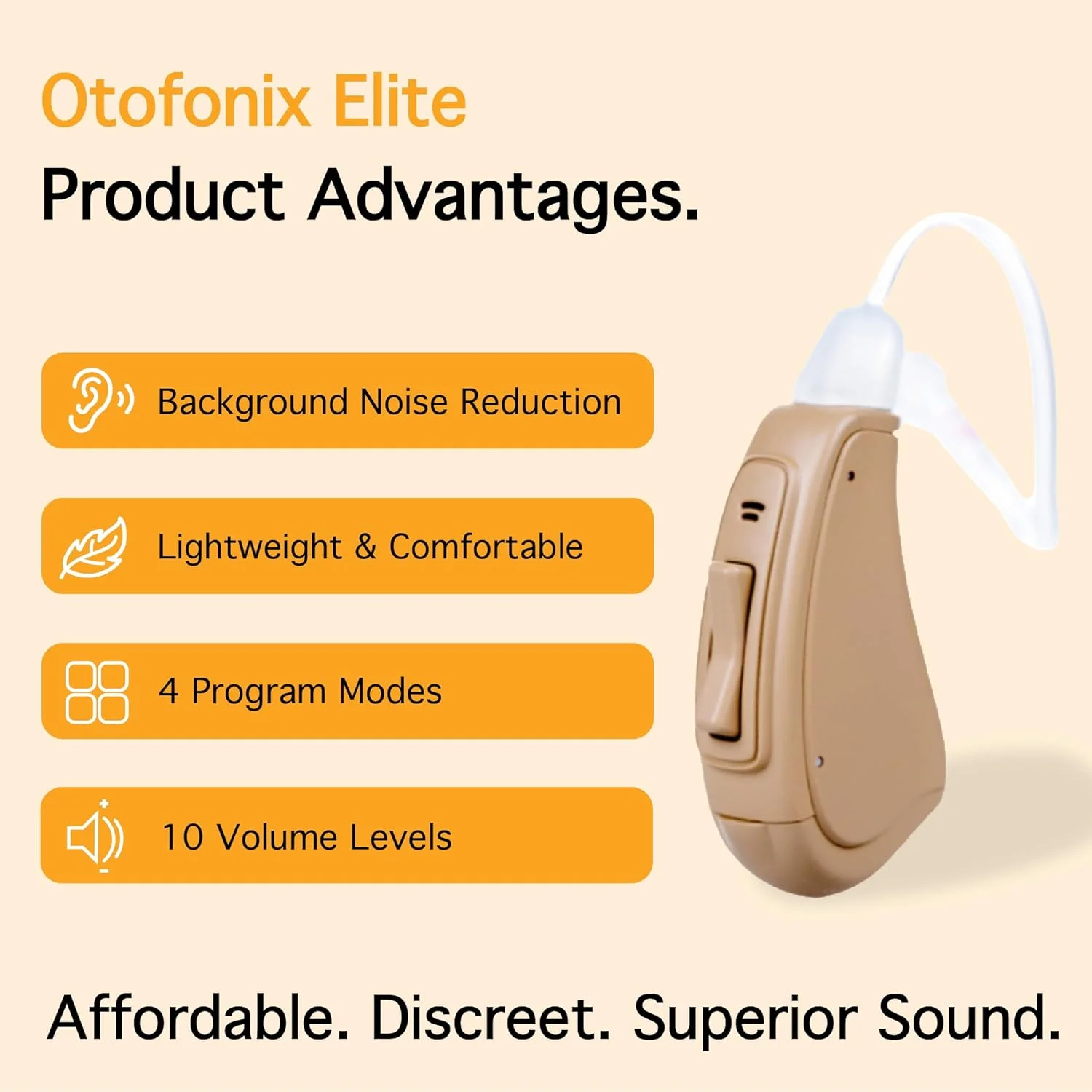 Otofonix Elite OTC Hearing Aids with Background Noise Reduction for Seniors & Adults, Battery Powered (Pair, Right & Left Ear, Beige)