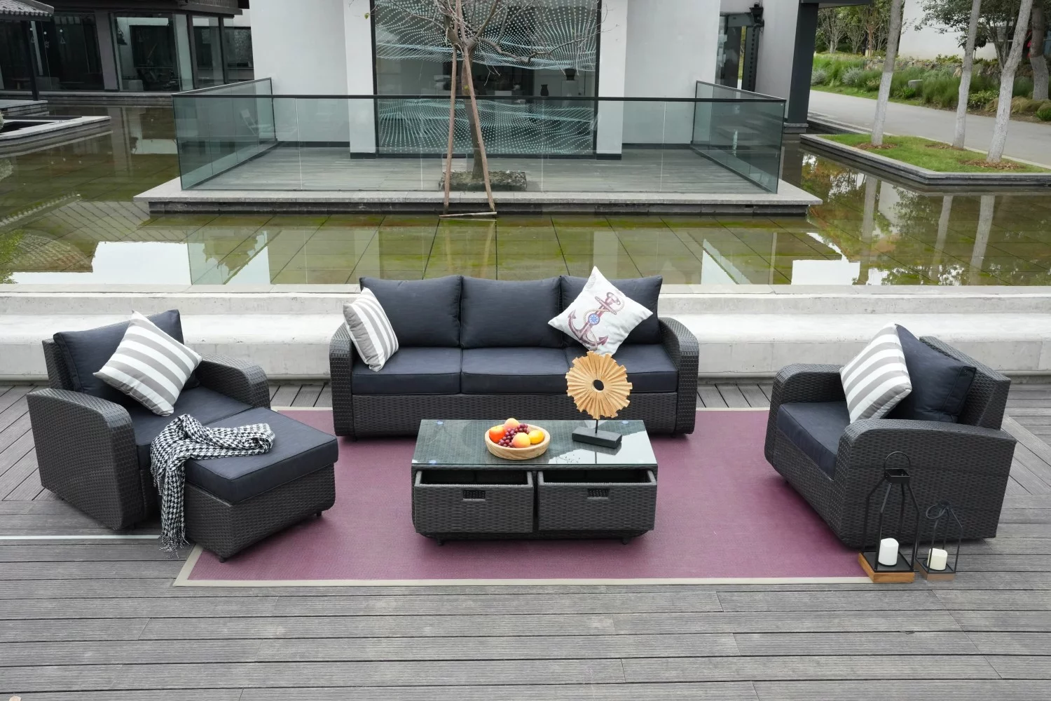 5-Piece Patio Furniture Set Outdoor Wicker Sectional Conversation Sofa with Black Cushions