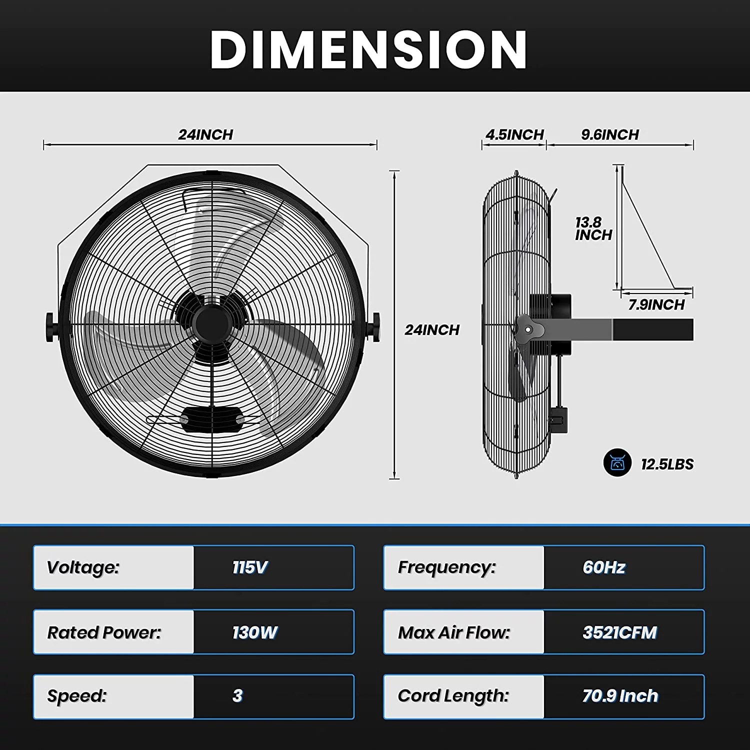 Simple Deluxe 20 inch High Velocity Wall Mount Fan with Rack and L-Iron, 3 Speed Industrial Metal Ventilation Fan