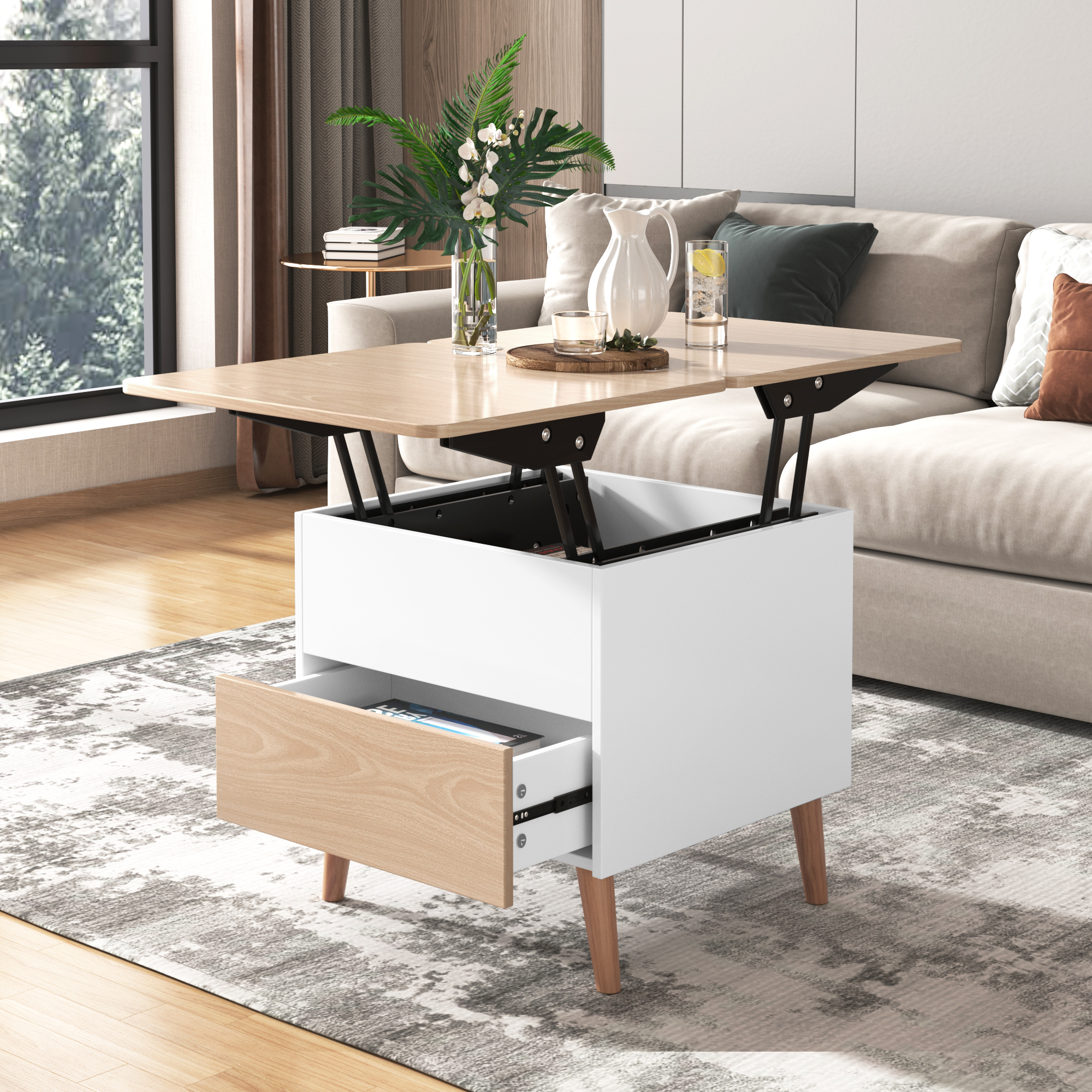 Smilegend Modern Multi-functional Coffee Table Extendable with Storage & Lift Top in Oak - with Drawers,