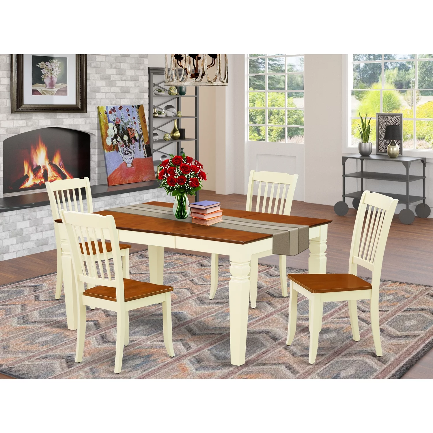 East West Furniture Weston 5-piece Wood Dining Room Set in Buttermilk/Cherry