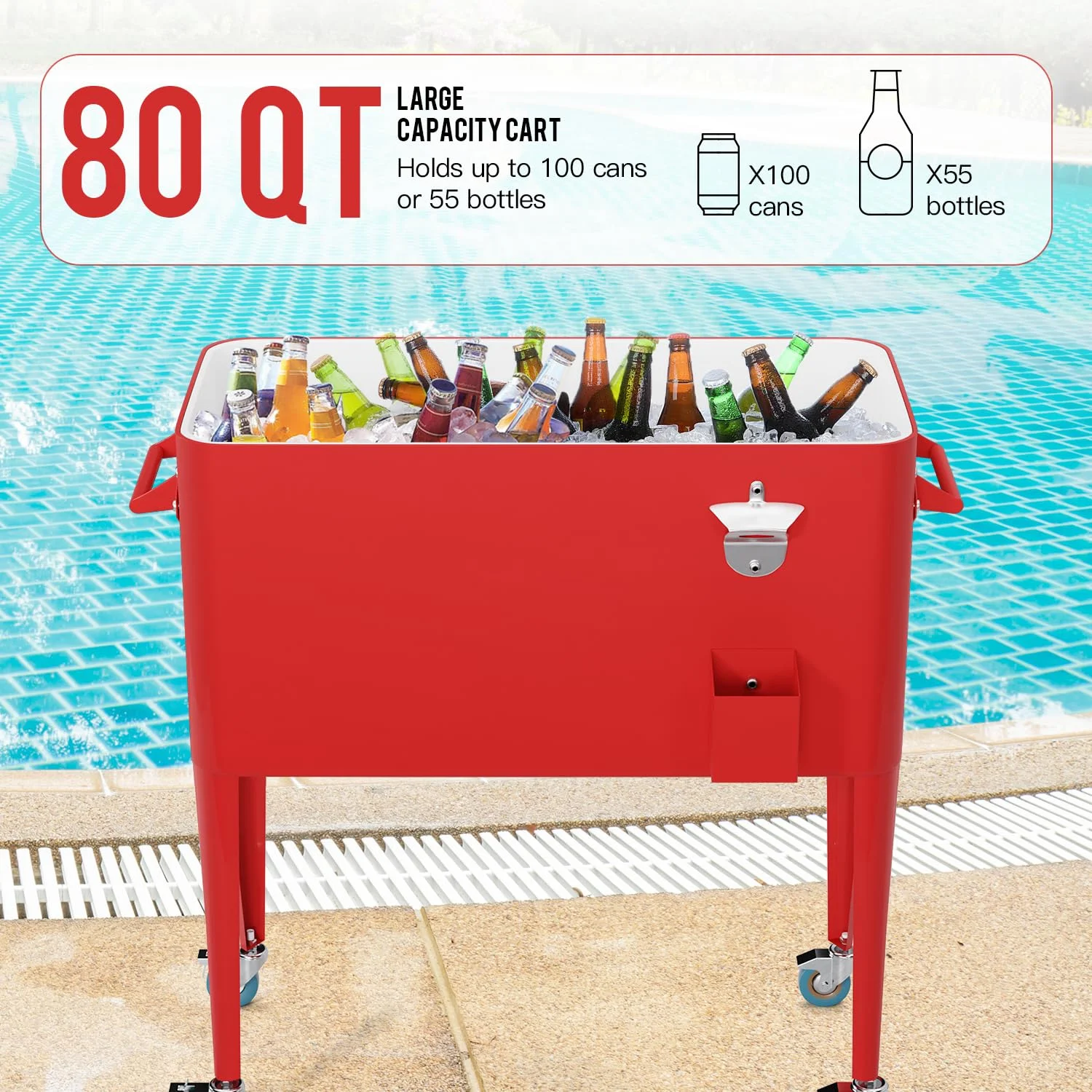 80 Quart Outdoor Cooler Cart Rolling Ice Cooler Ice Chest with Wheels Portable Drink Cooler for Parties, Poolside, Patio, BBQ Beach（Red）