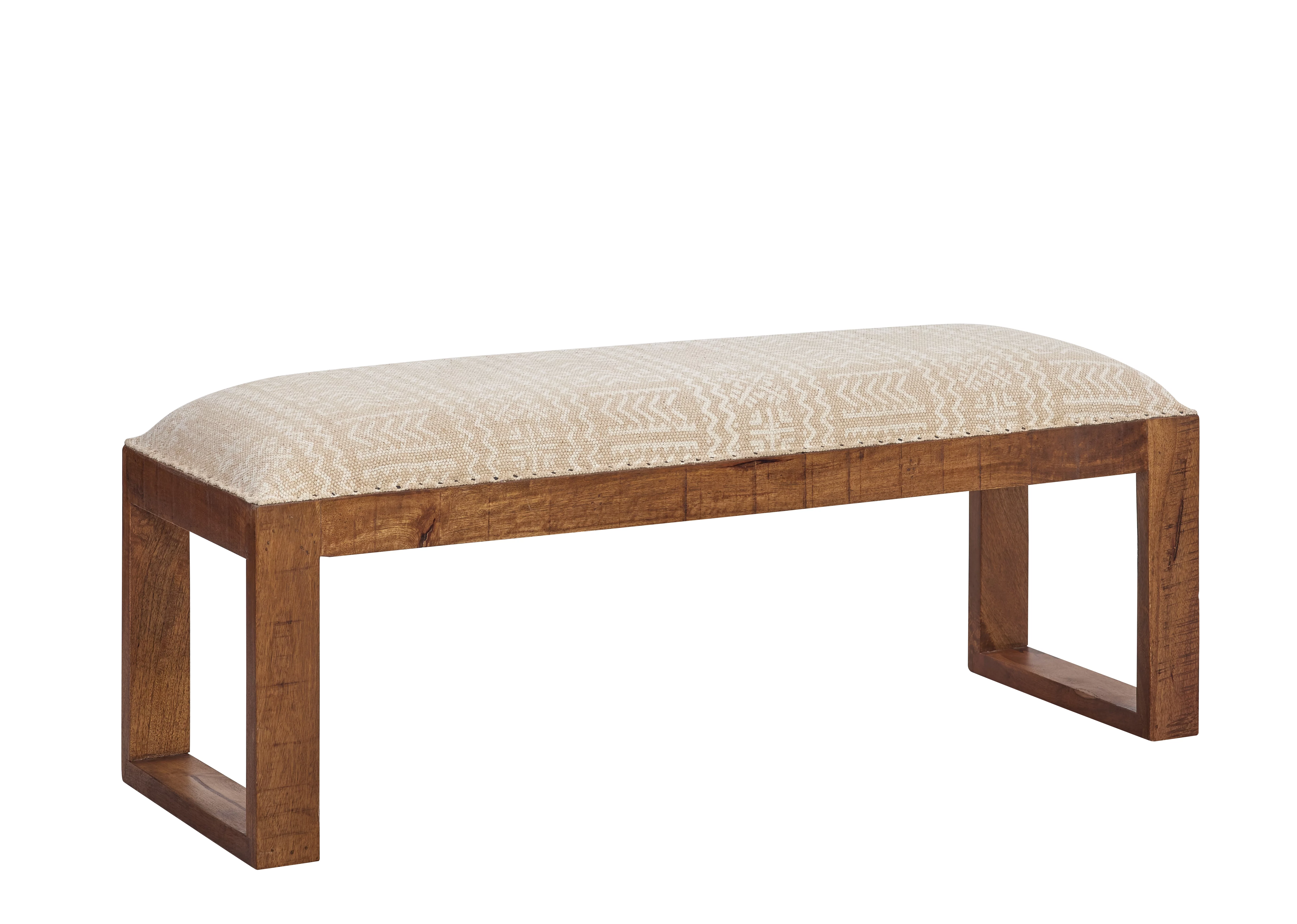 Ellington U-Leg Upholstered Bench, Natural Frame with Beige and White Aztec Pattern Fabric
