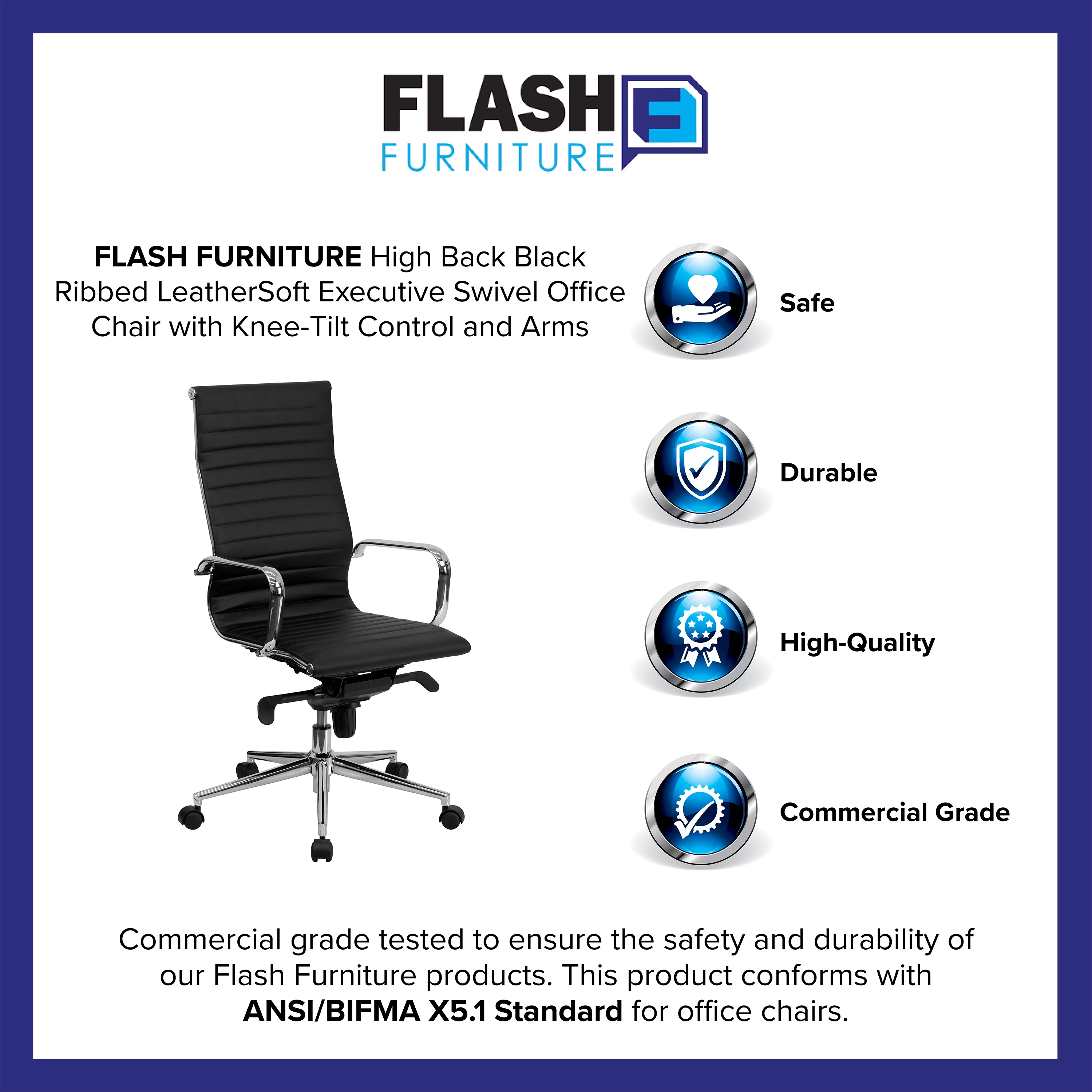 Flash Furniture High Back Black Ribbed LeatherSoft Executive Swivel Office Chair with Knee-Tilt Control and Arms