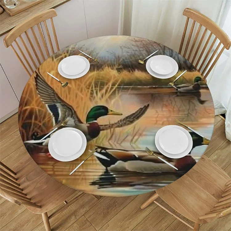 Pingxixi (( Flying Wild Duck) Spring Summer Tablecloth Round, for Parties Picnic Kitchen Dinner Decor Indoor Outdoor White