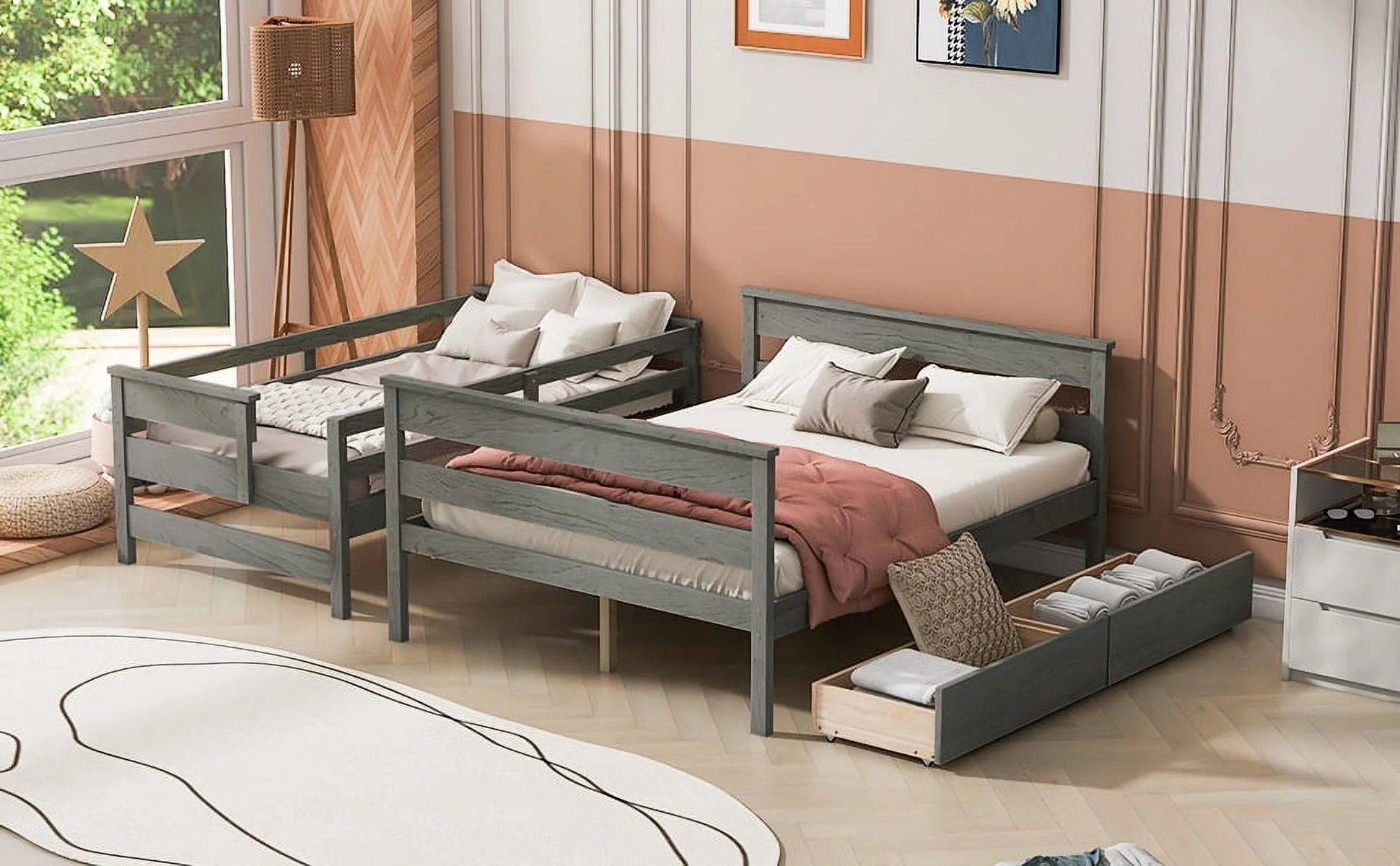 Homiyad Wood Twin Over Full Bunk Bed with 2 Drawers, Gray