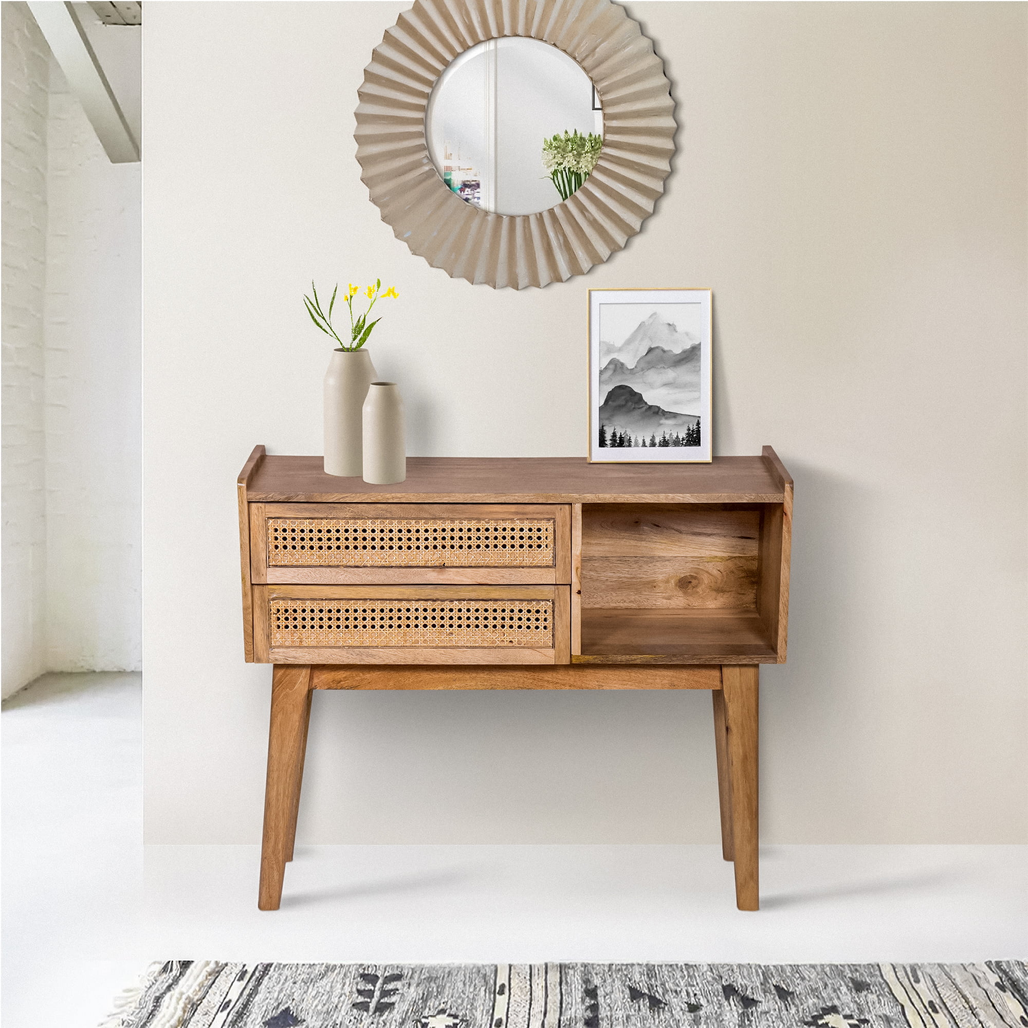 LANTRO JS 35 Inch Cottage Style, 2 Drawer Mango Wood Rectangular Console Table, Cane Rattan Panels, Natural Brown