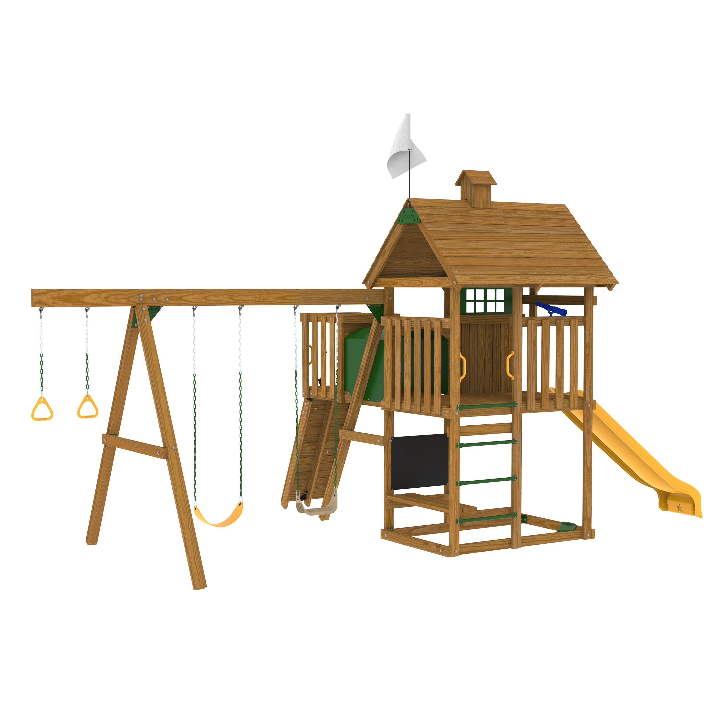 PLAYSTAR ALL PRO BRONZE SWING SET (A). SOUTHERN PINE LUMBER. INCLUDES SLIDE, ROCK CLIMBING WALL. ADVENTURE TUNNEL, SWINGS, GYM RINGS, & CLIMBING BARS. 15 ACTIVITIES 21X10X10 FT