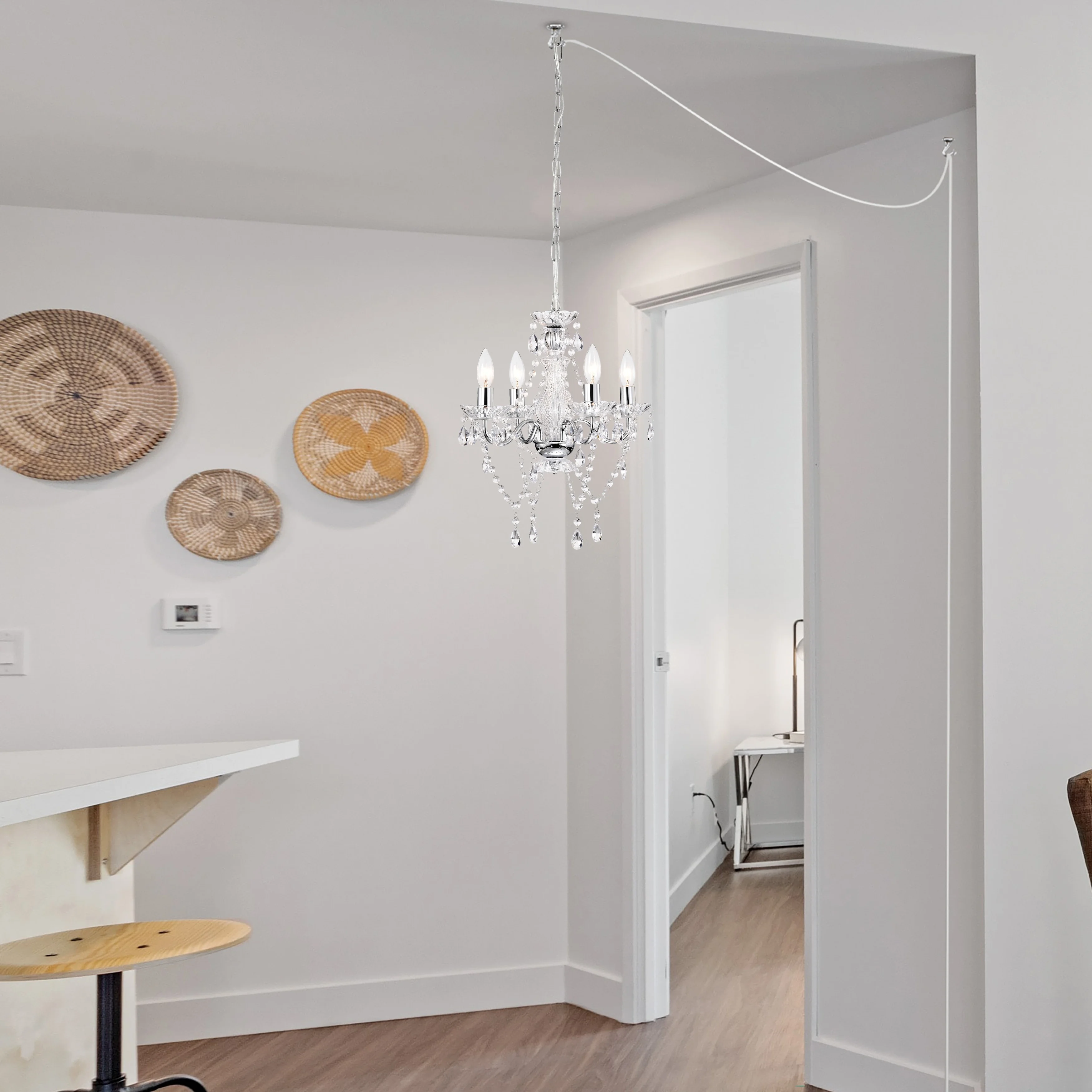 LaLuLa Plug-in Swag Chandelier Chrome Chandelier with Acrylic Crystal 4-Light