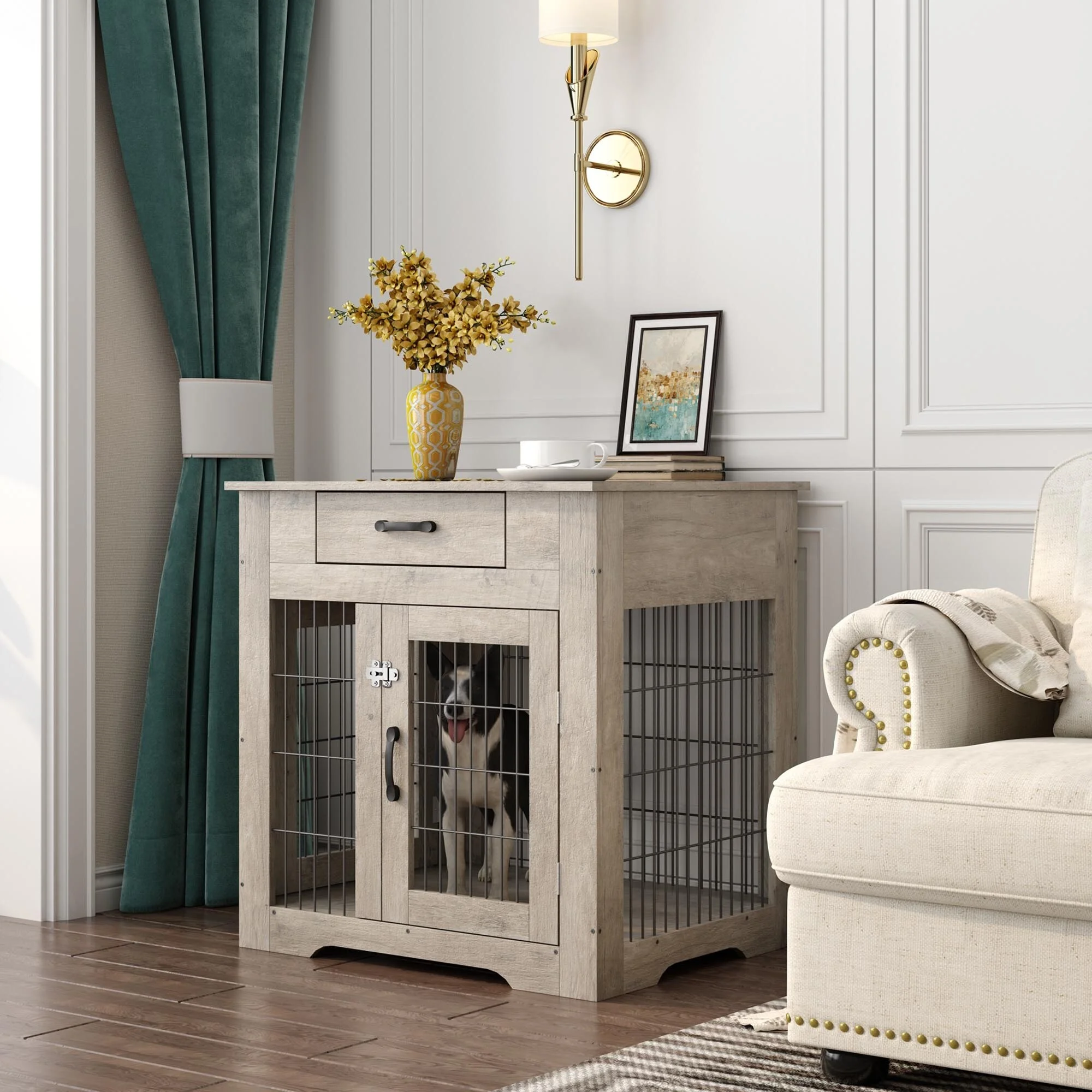 Multi-functional Dog Crate End Table with Drawer,Pet Kennels with Double Doors