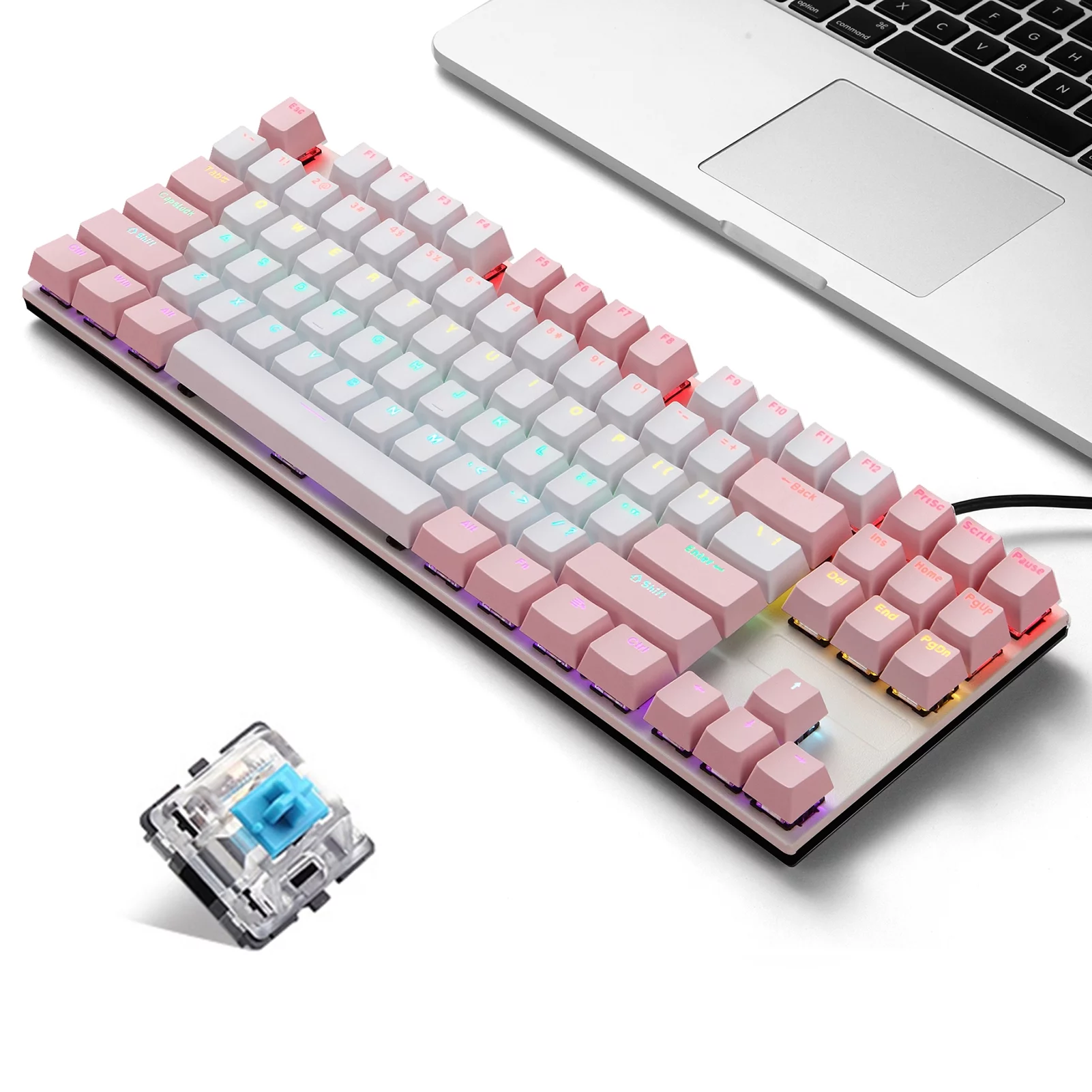 iBlancod K87 87 Keys Wired Mechanical Keyboard Metal Panel Two-color Injection Keycap 20 Light Effects &White(Blue Switches)