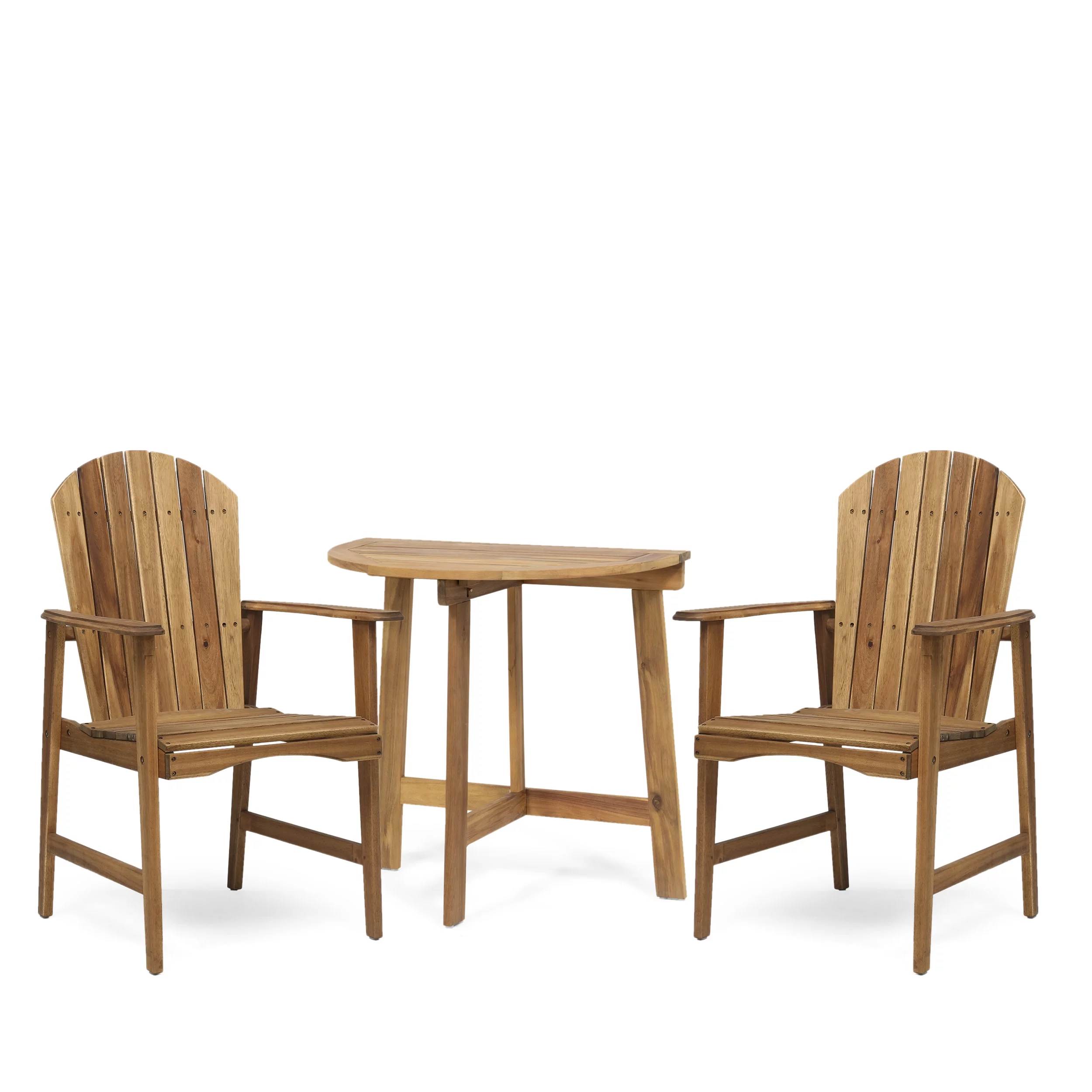 GDF Studio Perkins Outdoor Acacia Wood 3 Piece Adirondack Bistro Set with Half Round Table, Natural