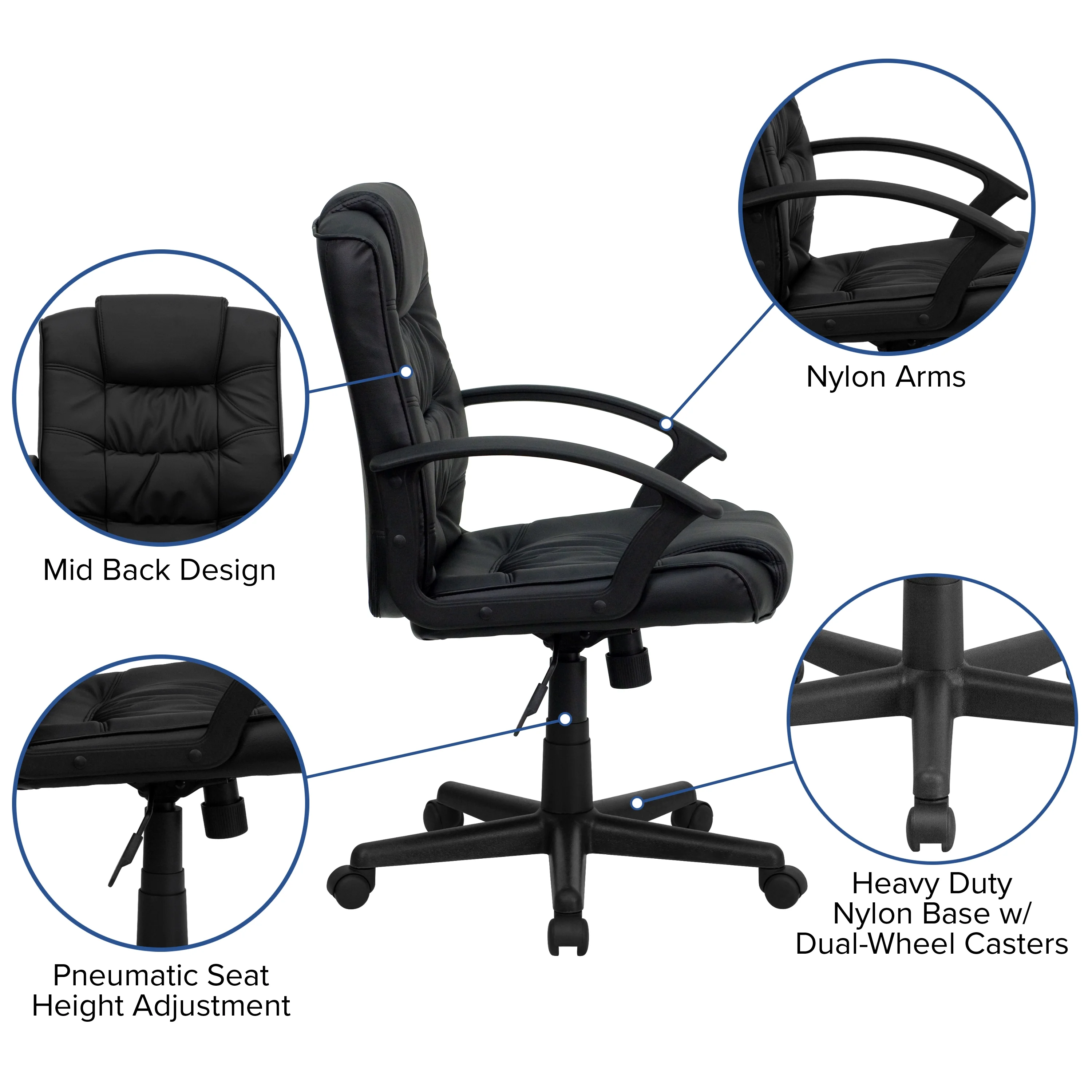 BizChair Mid-Back Black LeatherSoft Ripple and Accent Stitch Upholstered Swivel Task Office Chair with Arms
