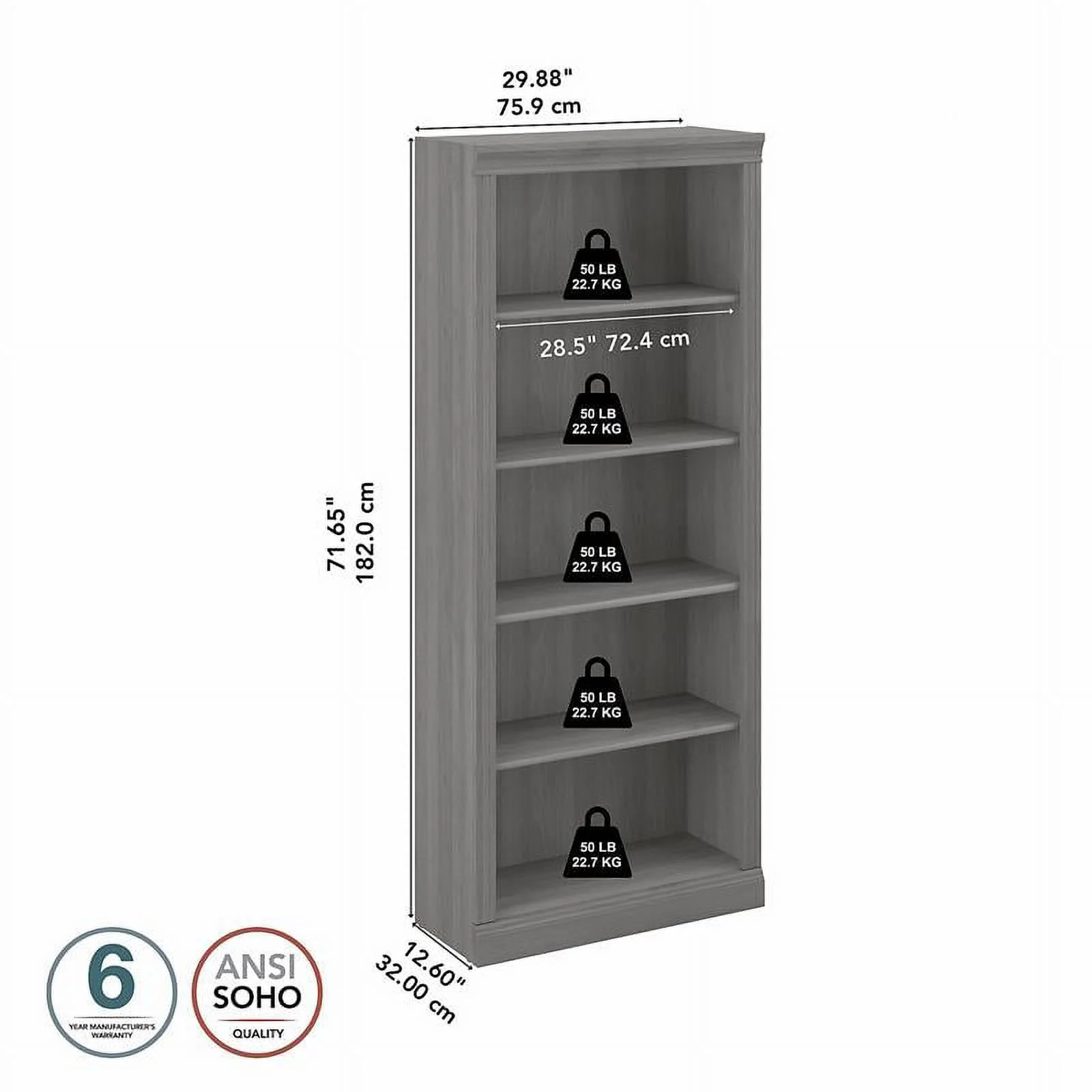 Pemberly Row Tall 5 Shelf Bookcase in Modern Gray - Engineered Wood