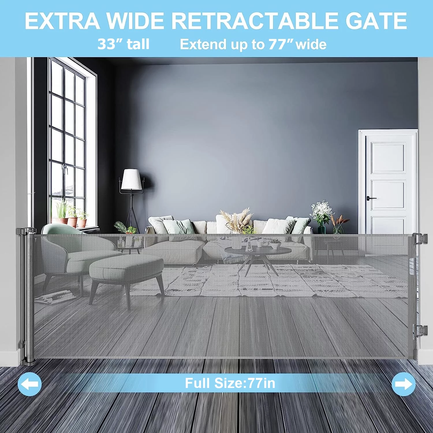 Reendo Retractable Baby Gate 71'' Wide Mesh Baby Gate or Mesh Dog Gate Child Safety Gate for Doorways, Stairs, Hallways, Indoor/Outdoor Gray