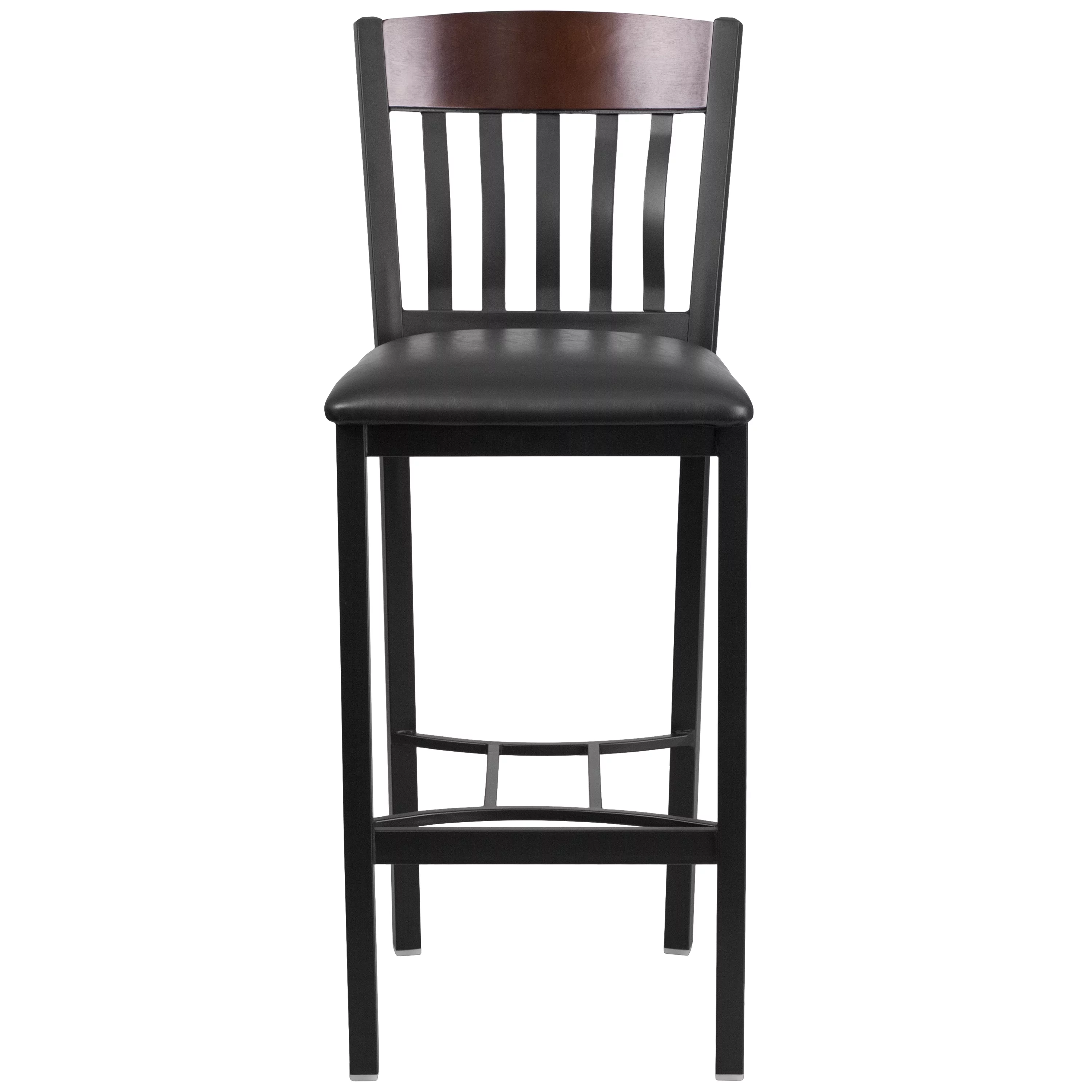 Flash Furniture Eclipse Series Vertical Back Black Metal and Walnut Wood Restaurant Barstool with Black Vinyl Seat