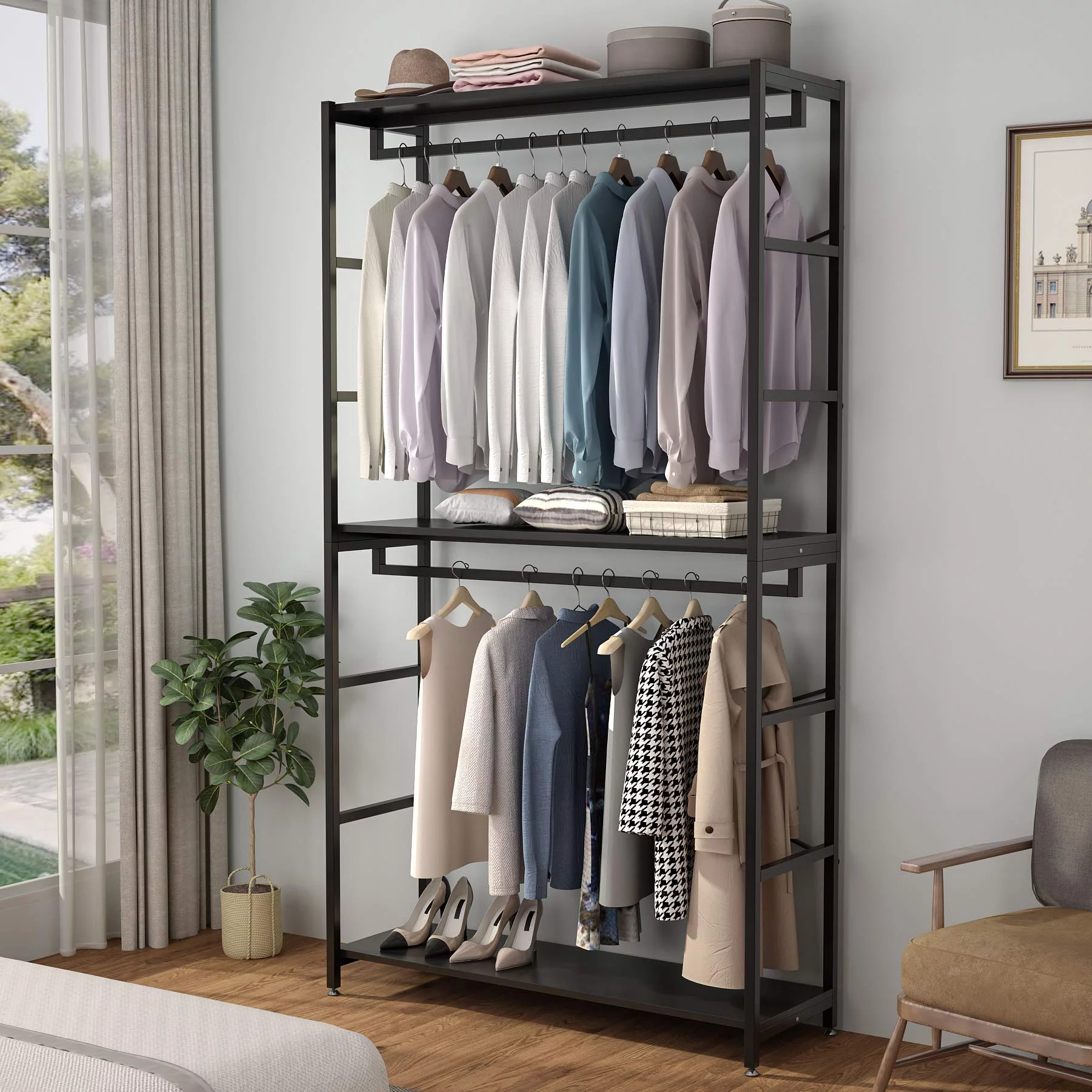Tribesigns Free-standing Closet Organizer with 3 Storage Shelves and 2 Hanging Rod, Large Standing Clothes Garment Rack