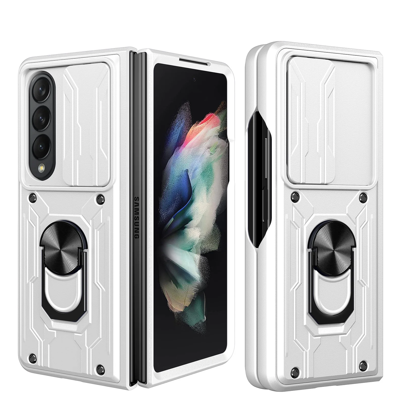 for Galaxy Z Fold 5 Case with Camera Lens Slide Cover, Detachable Card Slot Holder Ring Kickstand, Support Magnet Car Mount, Heavy Duty Military Grade Protection for Samsung Galaxy Z Fold 5, White